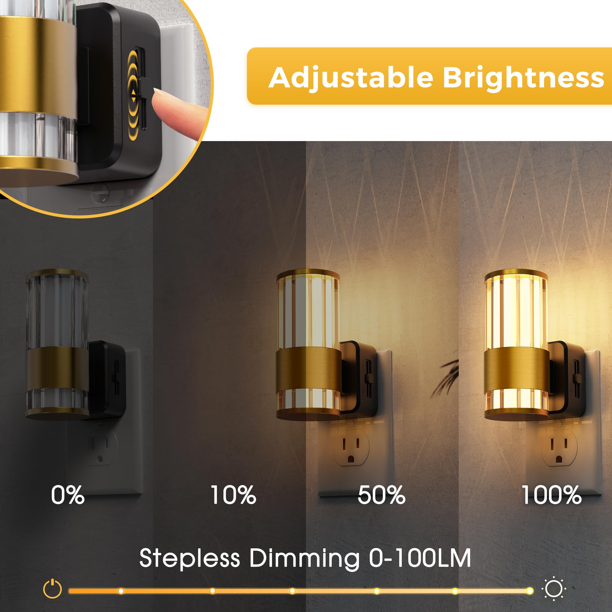 L LOHAS LED Night Light, Dimmable Plug-in with Auto Light Sensor, 0-100LM, 2 Pack, Gold Ring-3000K Stripe, Model A-GY22502