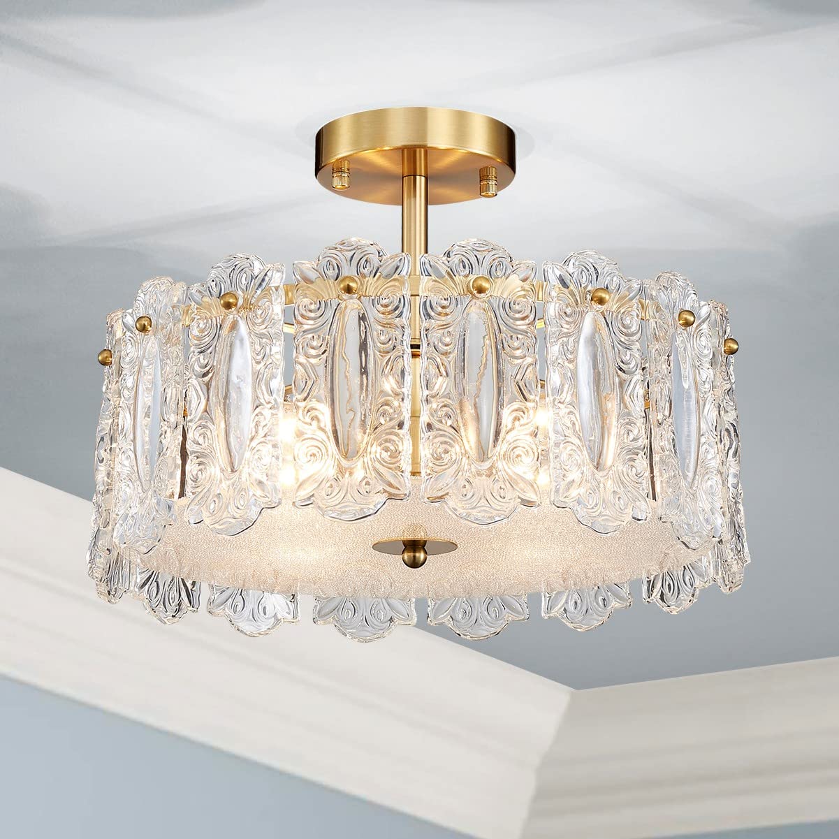 AGV LIGHTING CL038 Crystal Ceiling Light Fixture, Modern Semi Flush Ceiling Light, D14.6 x H9.5, E12 Base 4-Lights, Gold Finish