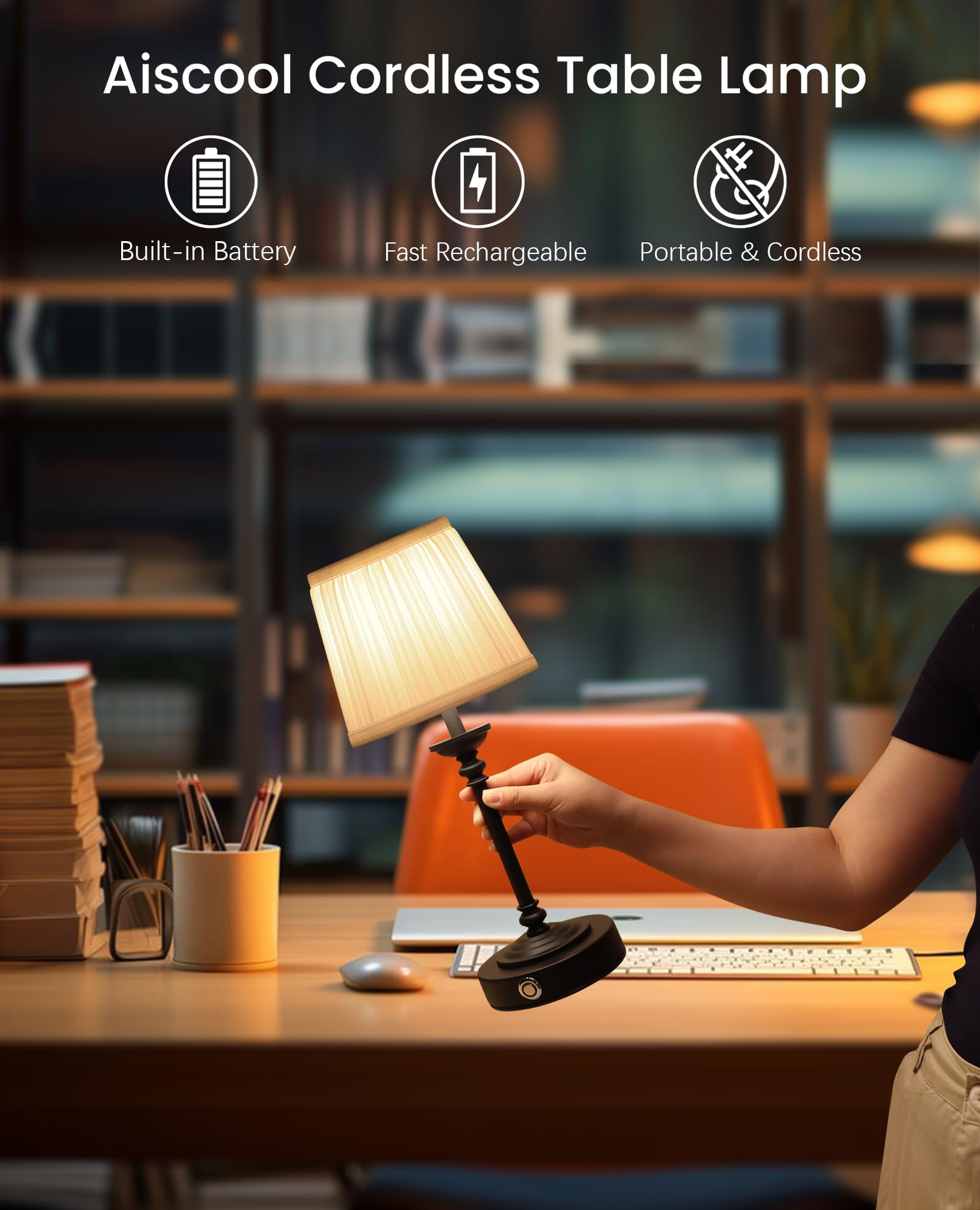 Aiscool Cordless LED Table Lamp with Dimmer, Built-in 5200mAh Rechargeable Battery, 3-Level Brightness, Touch Bedside Table Lamp