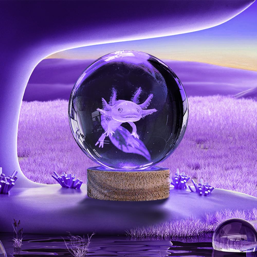 3D Axolotl Crystal Ball Night Light 3.15 Inch Axolotl Glass Ball Lamp With 16 Color Changing Wooden Base And Remote Axolotl Ideal Gifts For Kids Friends Birthday Christmas Room Decor Axolotl Toys