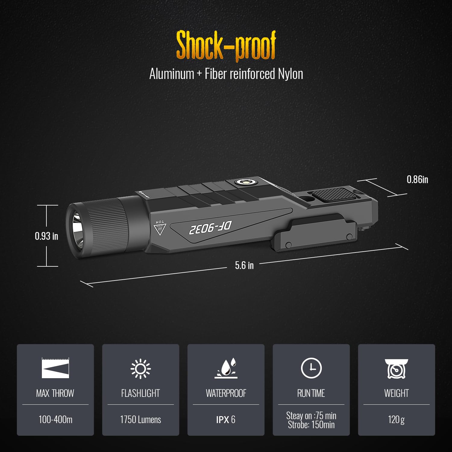 DEFENTAC Tactical Flashlight 1750lm Zoomable with Pressure Switch, M-Lok/Picatinny, Magnetic Rechargeable, Polymer, Model DF-9032-SJ