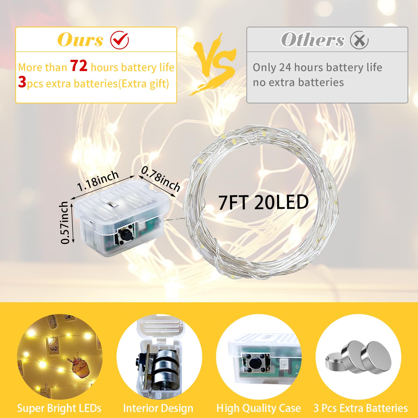 chzk 24 Pack Fairy Lights String Lights 7Ft 20 LED Battery Operated Waterproof Yellow Copper A01-Mini