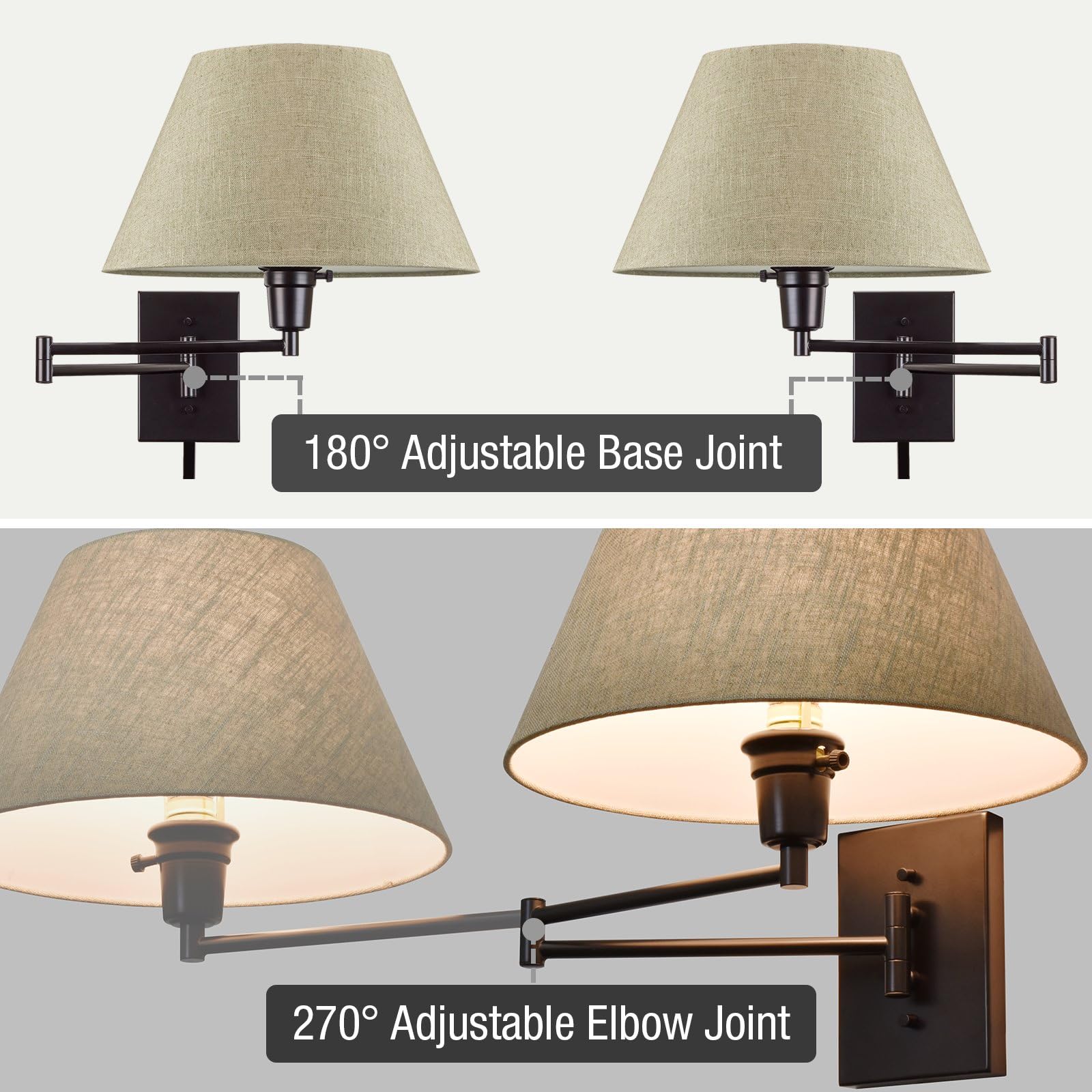 Kira Home 15" Swing Arm Wall Lamp - Black Finish, 150W 3-Way, Latte Mocha Shade, Plug-in/Wall Mount, 2-Pack, Model RV-W227