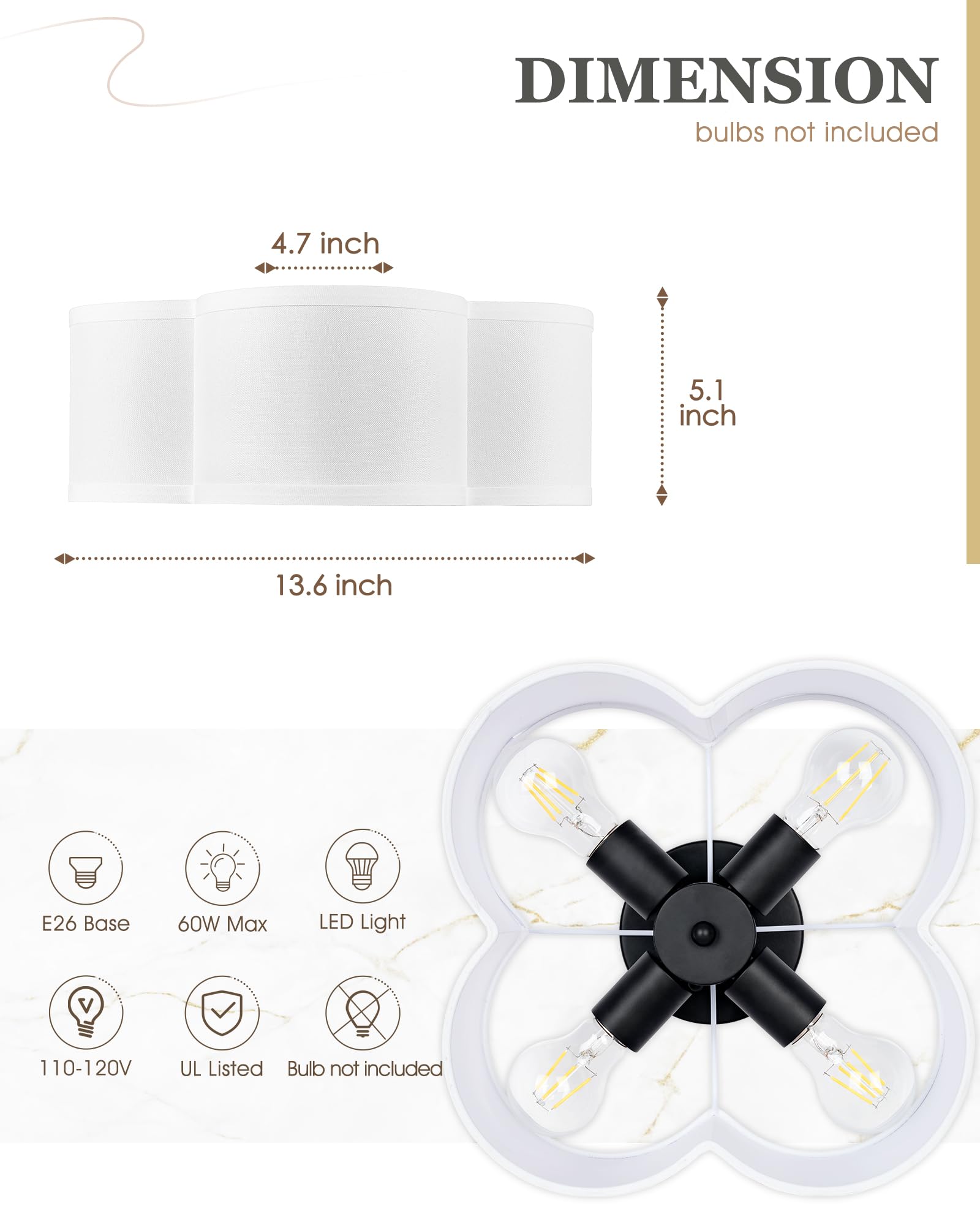 Audickic Black Flush Mount Ceiling Light, 4-Light 14Inch Light Fixtures Ceiling Mount With Fabric Shade In Quatrefoil Shape, Cei
