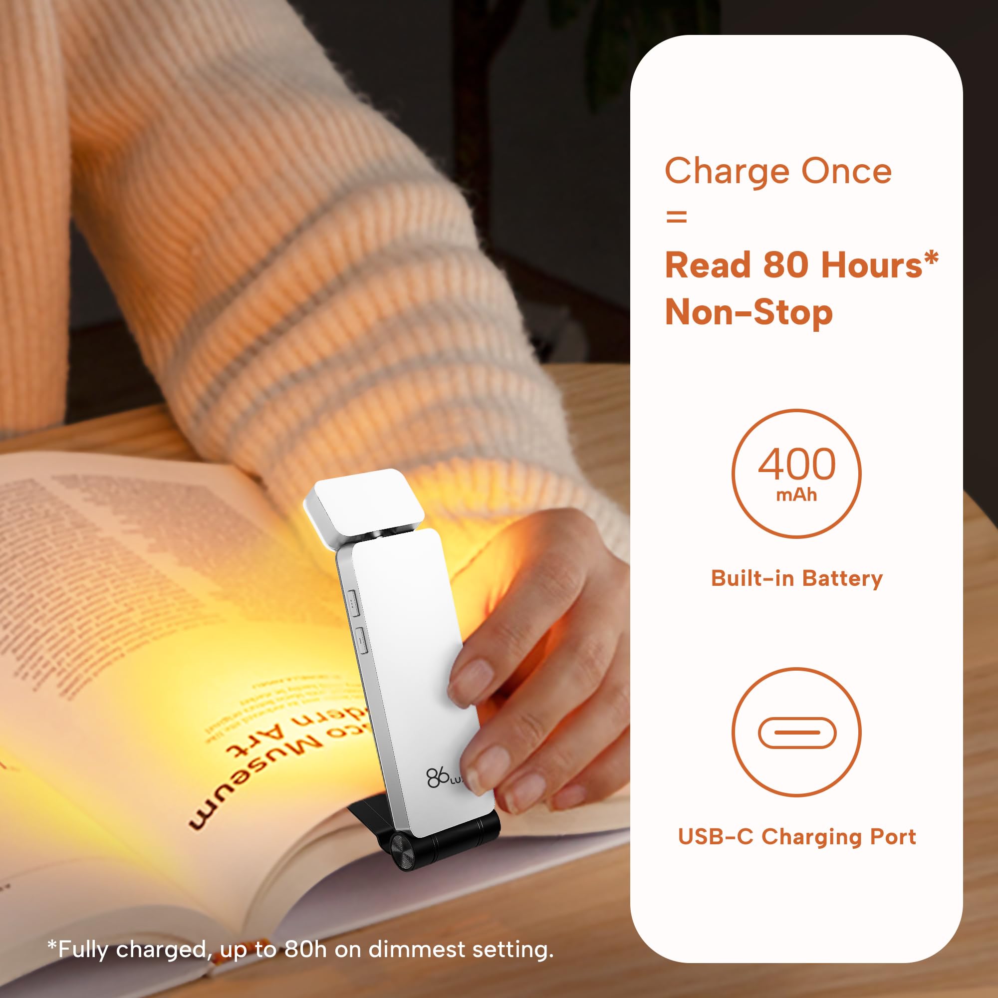 86Lux Reading Light, Rechargeable Book Light For Reading In Bed, Ultralight Clip-On Led Bookmark Lamp With 3 Amber Colors & Stepless Dimming For Night Reading For Book Lovers, Kids, White