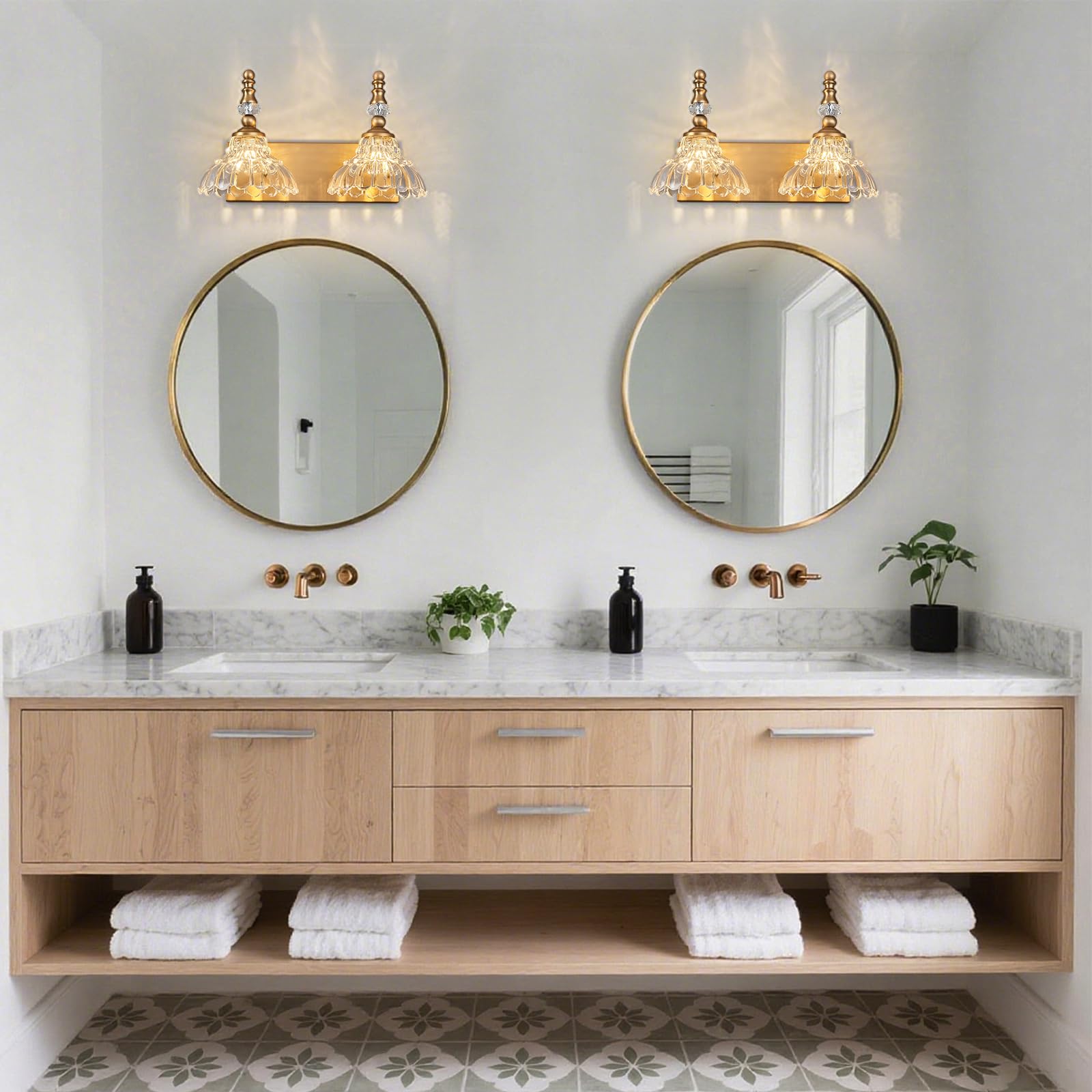 Lbsqj Vintage Bathroom Vanity Light  2-Light Brass Vanity Lighting Fixture With Flower Glass Shade  Bathroom Lighting Fixtures Over Mirror