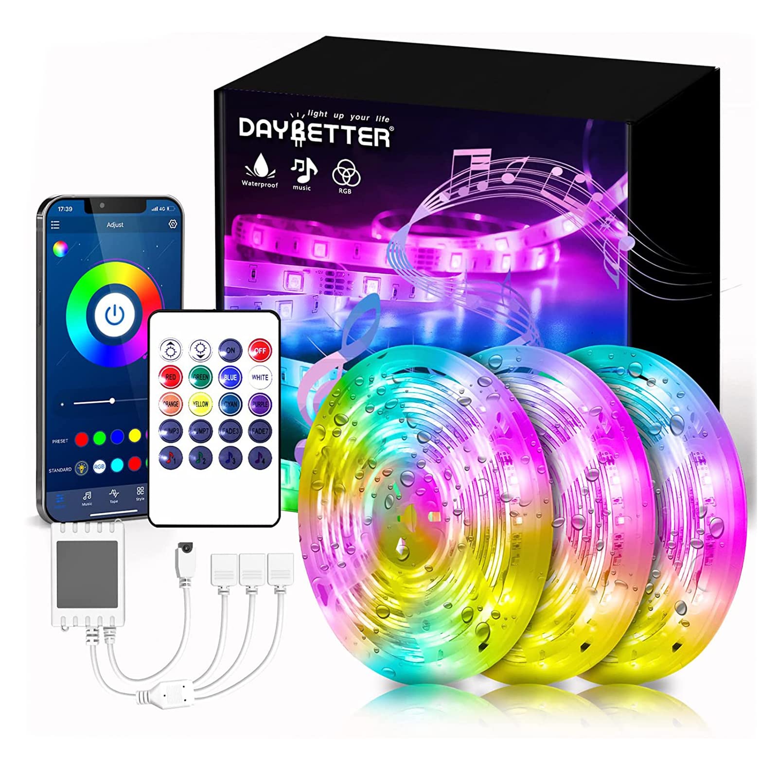 DAYBETTER Led Strip Lights Waterproof, Smart Outdoor Lights, Led Light Strips with Remote, App Control, 5050 RGB Color Changing 