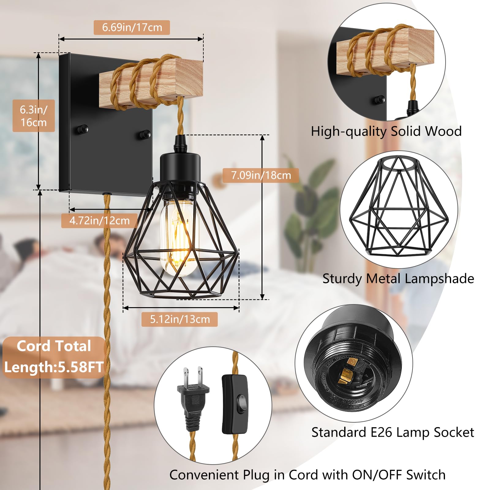 Lomoky Farmhouse Black Wood Wall Sconces, Set of Two Vintage Lamps with 5.58FT Cord for Bedroom Living Room, Model BC-WOOD-2P