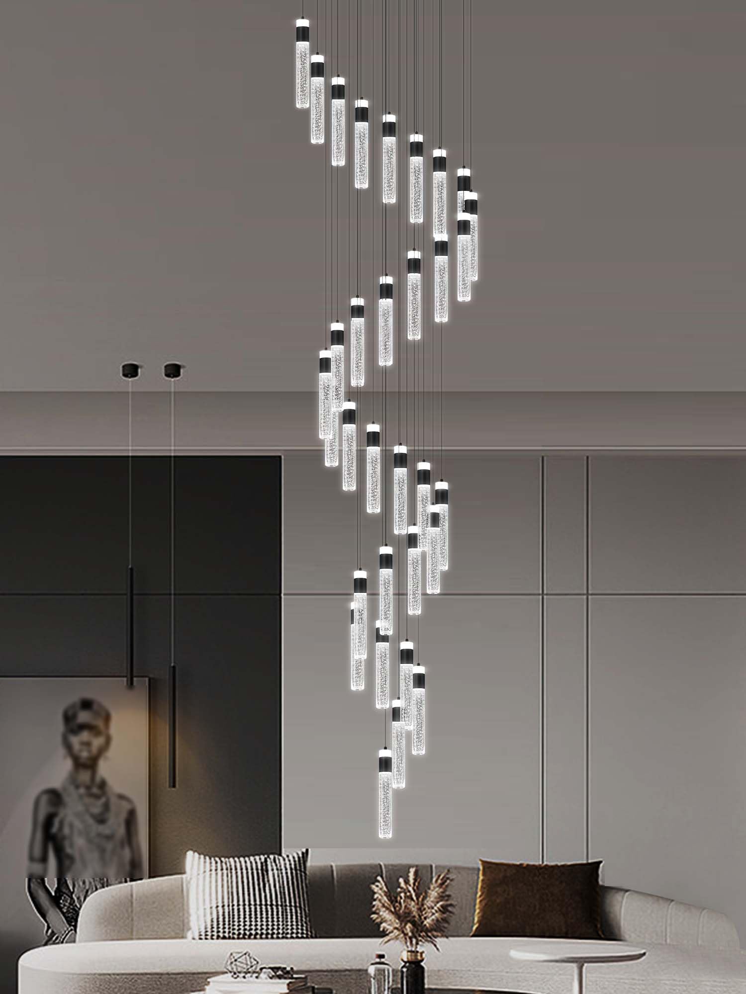 IDEQUY Large Crystal Chandelier 32-Light Black Spiral Fixture for High Ceilings, Model CF8029-32H