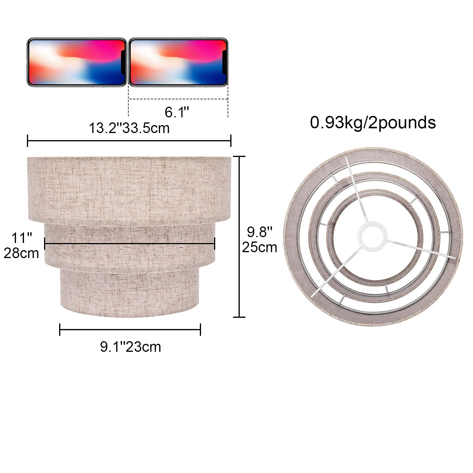 Huoku Brown 3-Tier Drum Lampshade, Handcrafted Natural Linen Replacement For Floor Lamps & Chandeliers