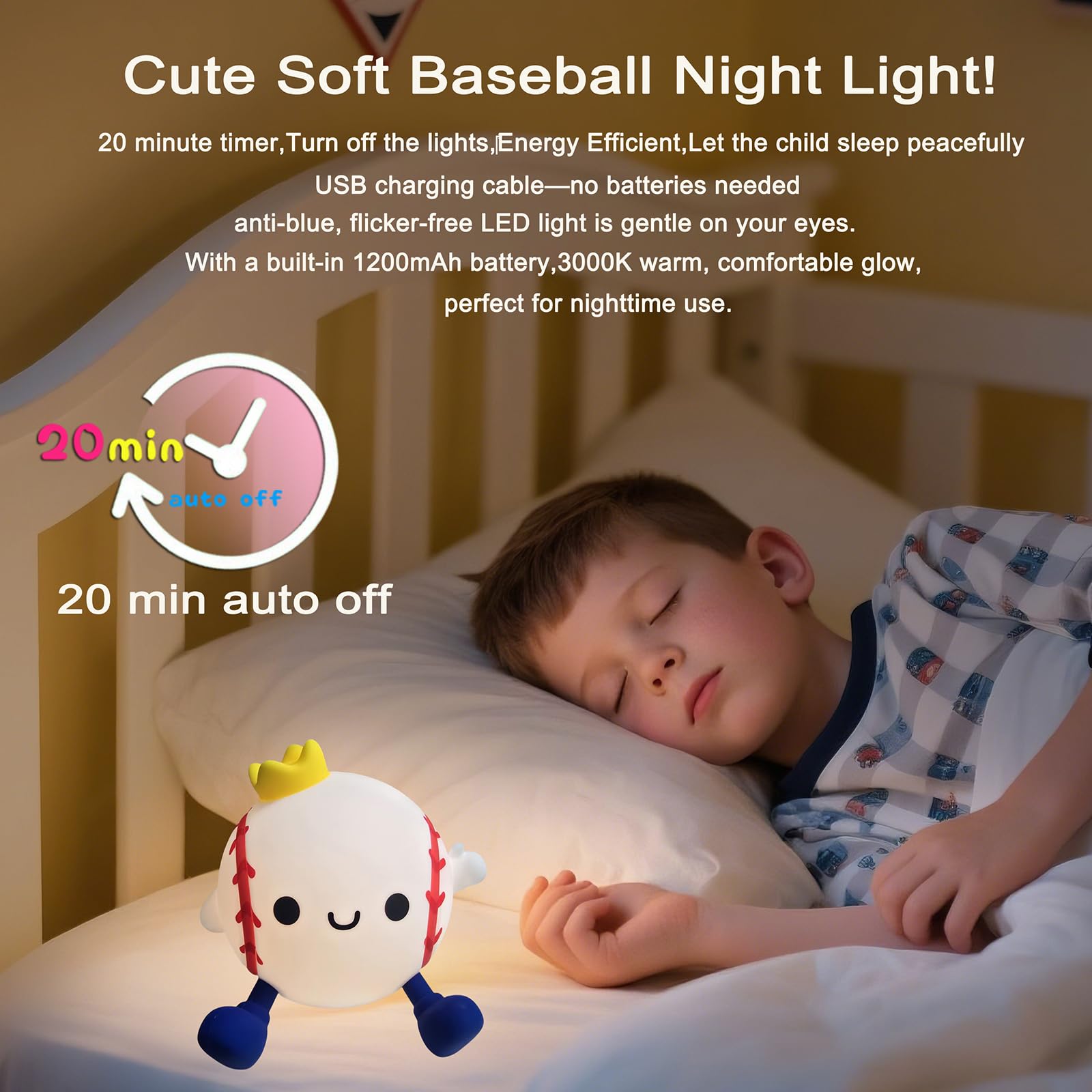 DREAMING MY DREAM Baseball Night Light,Cute Silicone Squishy Novelty LED Night Lamp, Touch Lamp with 2 Levels Dimmable 20Min Tim