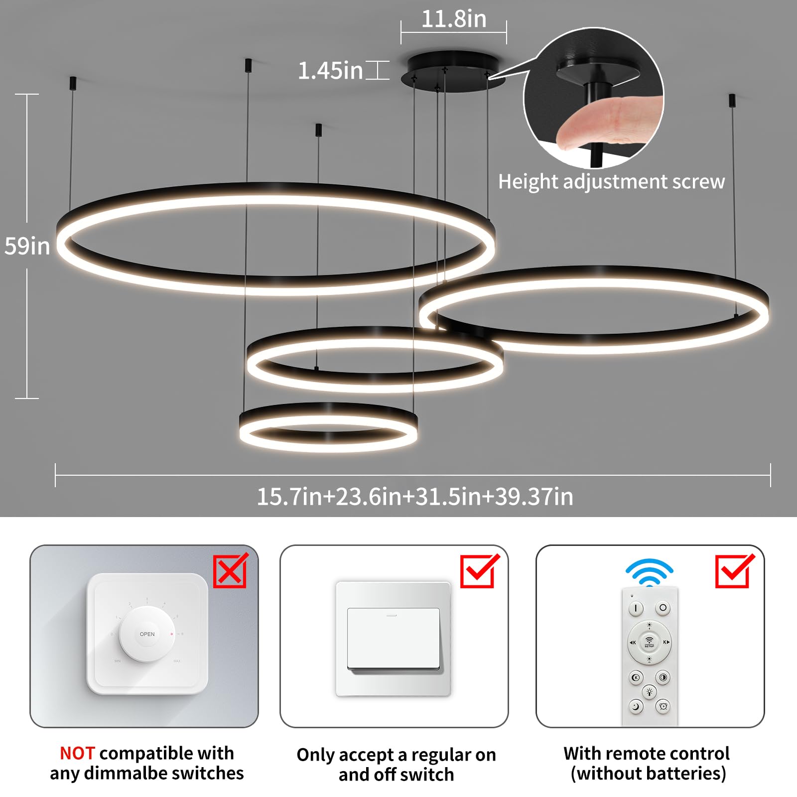 Mikeru Modern LED Chandelier Light, Adjustable 3000K-6500K, 15.7-39.5IN, Aluminum, Black, Model NXF-BGZDD