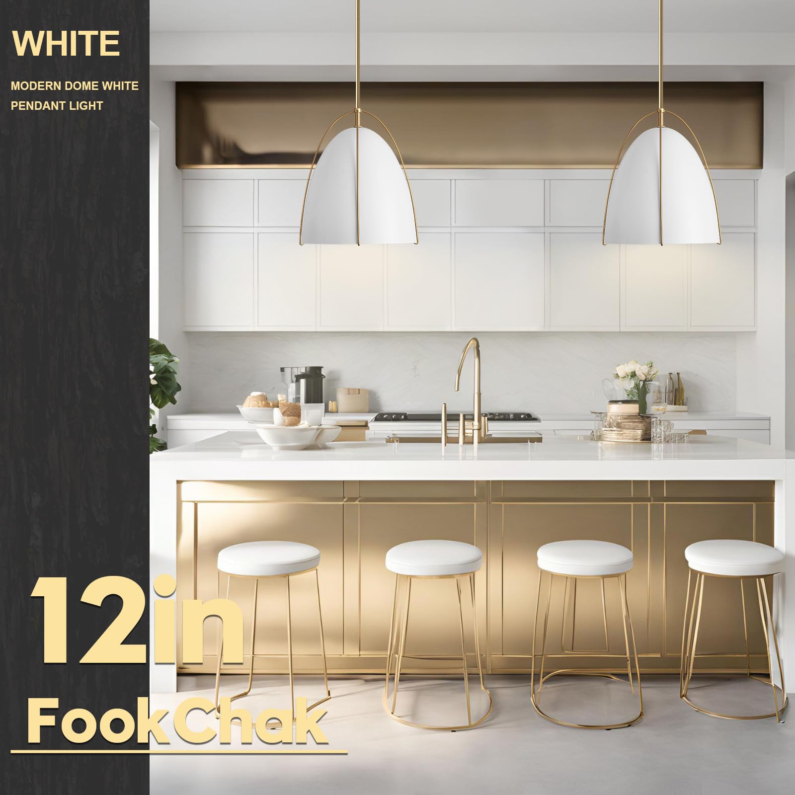 Fookchak White Gold Pendant Light 3-Light Large Pendant Light Fixture 12In Dome Kitchen Pendant Lighting For Kitchen Island Dini