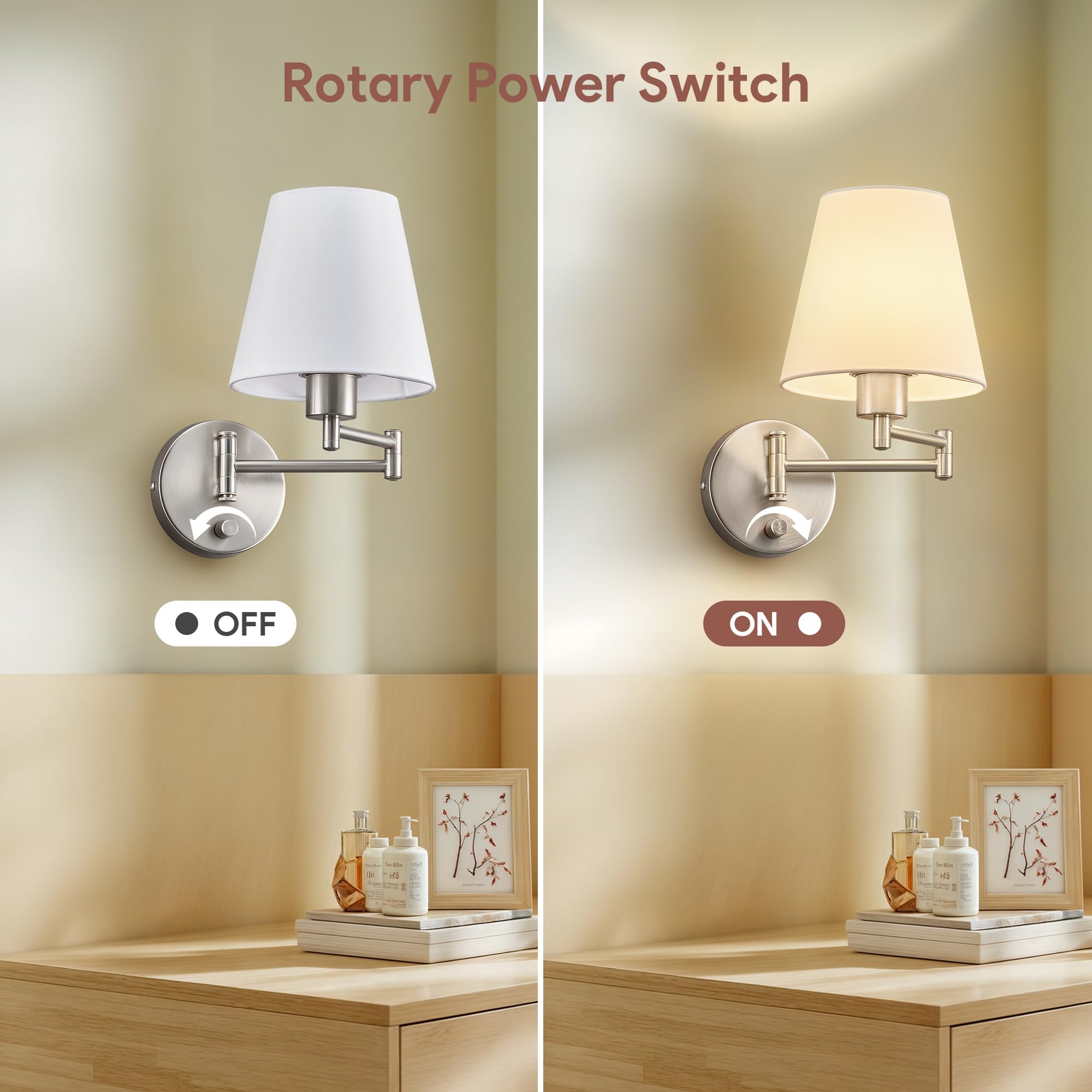 VONLUCE Wall Sconce Set of 2, Adjustable Swing Arm Lamps, Nickel Base, White Fabric Shade, Hardwired/Plug-in, Modern Design