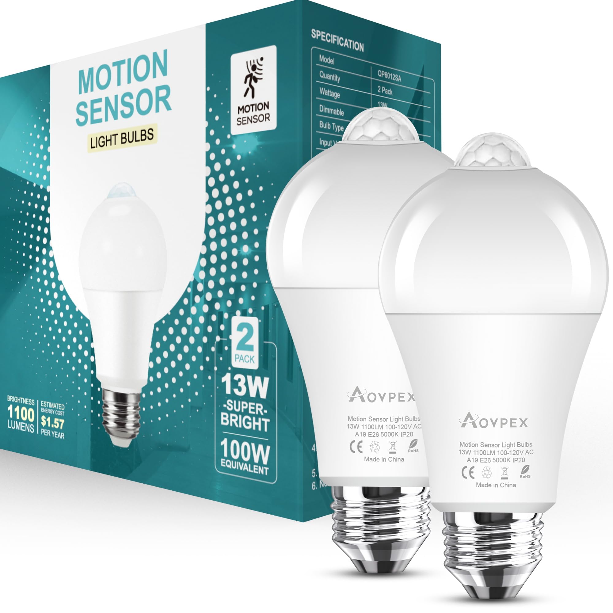 Aovpex Motion Sensor Light Bulbs, Dusk To Dawn, 13W 100W Equivalent, Movement Activated Security Led Bulb, 5000K Cool White, For
