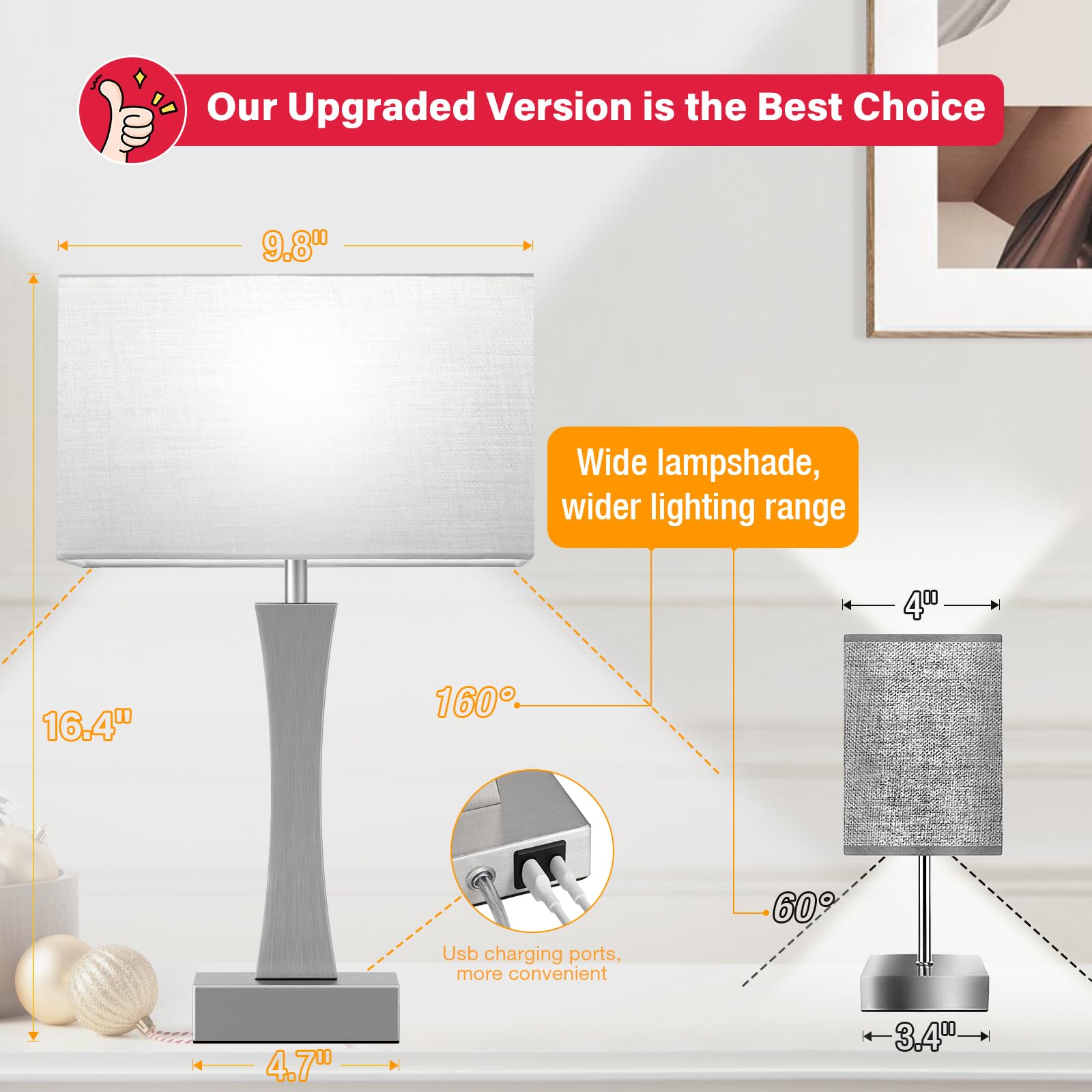 Seealle Bedside Lamps Set of 2 - 3 Way Dimmable, Touch Control, USB C+A Ports, Metal, Silver