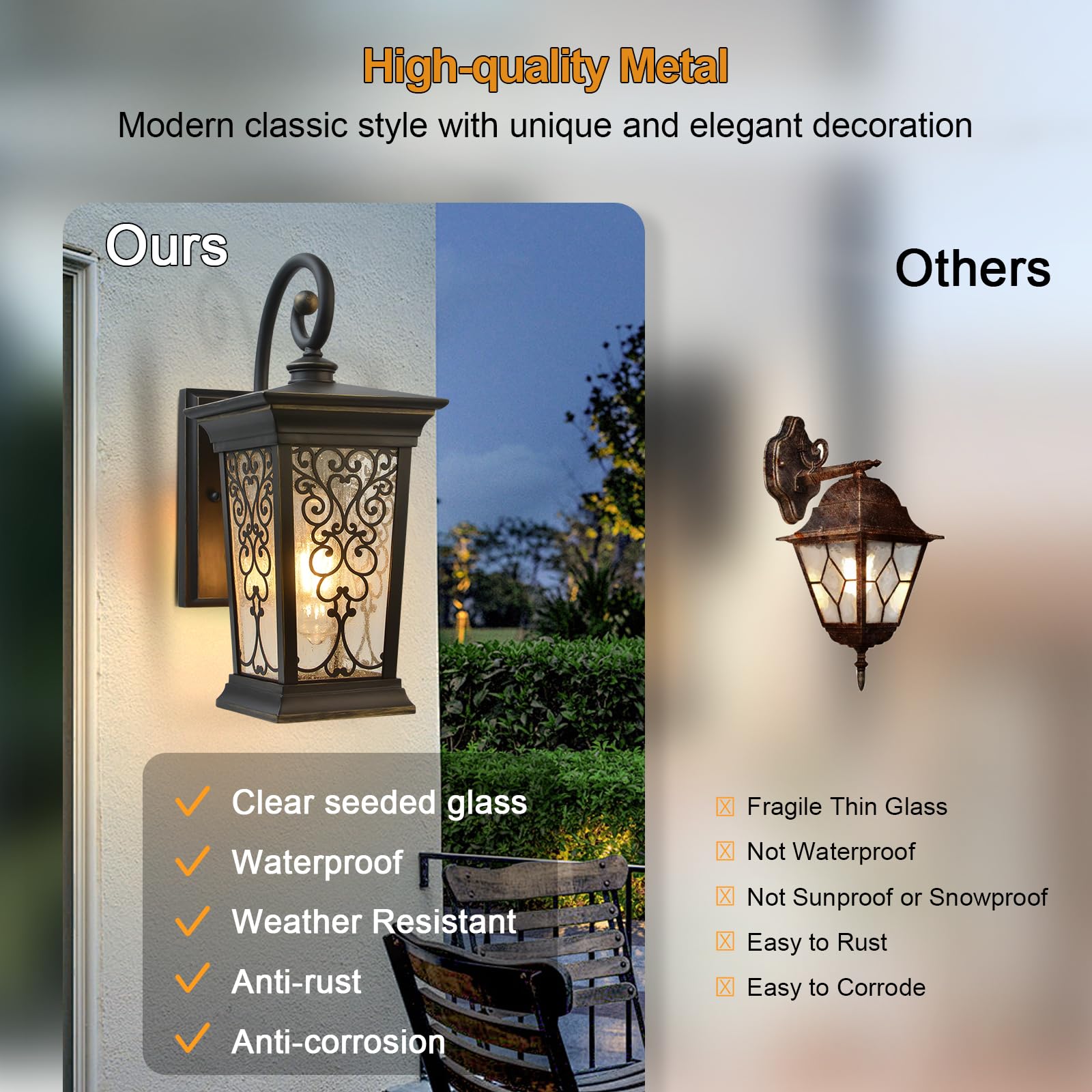 Alvime Outdoor Wall Lights, Waterproof Bronze Lantern, E26 Base, Seeded Glass For Entryway