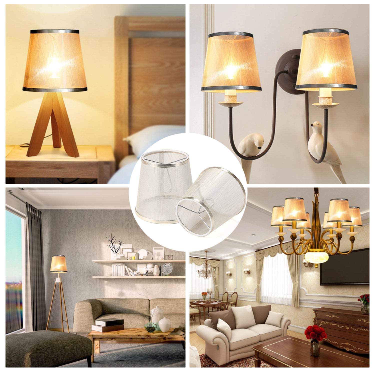 YISUN Crystal Chandelier Mini Lamp Shade Set of 6, 5.5-inch Bell Clip On, Gold Champagne Organza, Model DF-LCZD