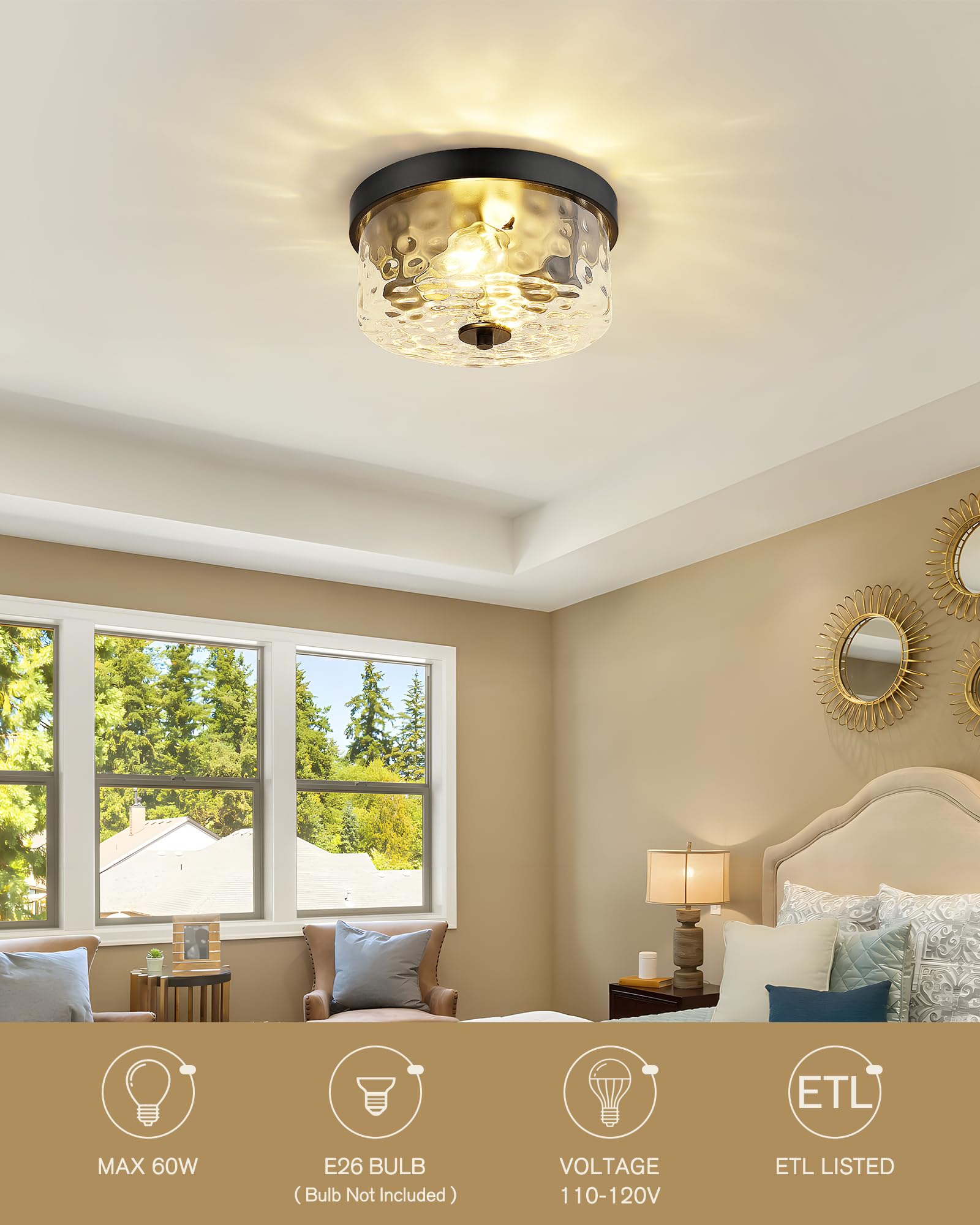 Emak 11&quot; Black Flush Mount Ceiling Light With Hammered Glass Shade, 2-Light Modern Fixture