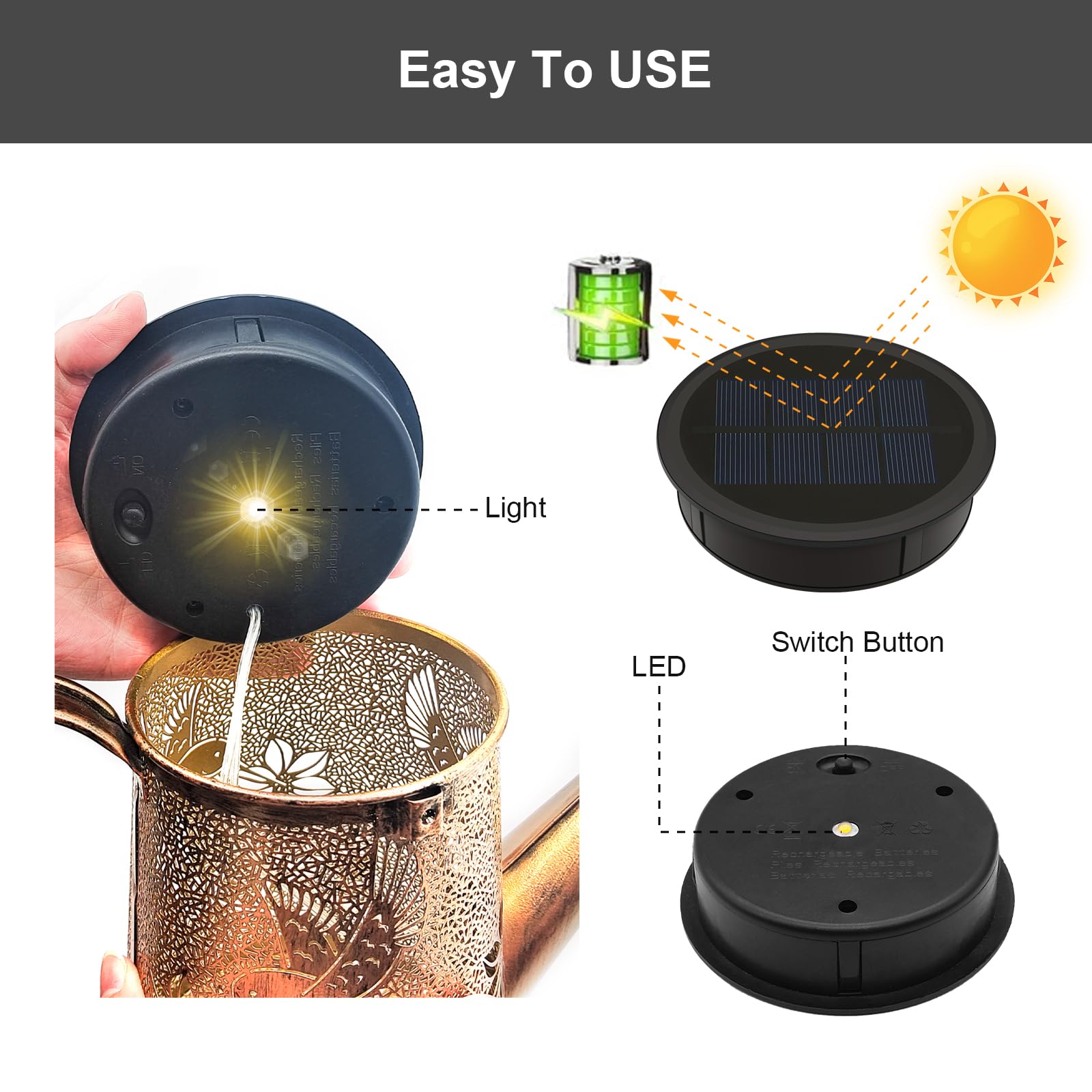 Vookry Watering Can Solar Lights - Replacement Top With 3.5Ft 80 Led Flashing String Lights, Outdoor Waterproof Solar Lantern Ba
