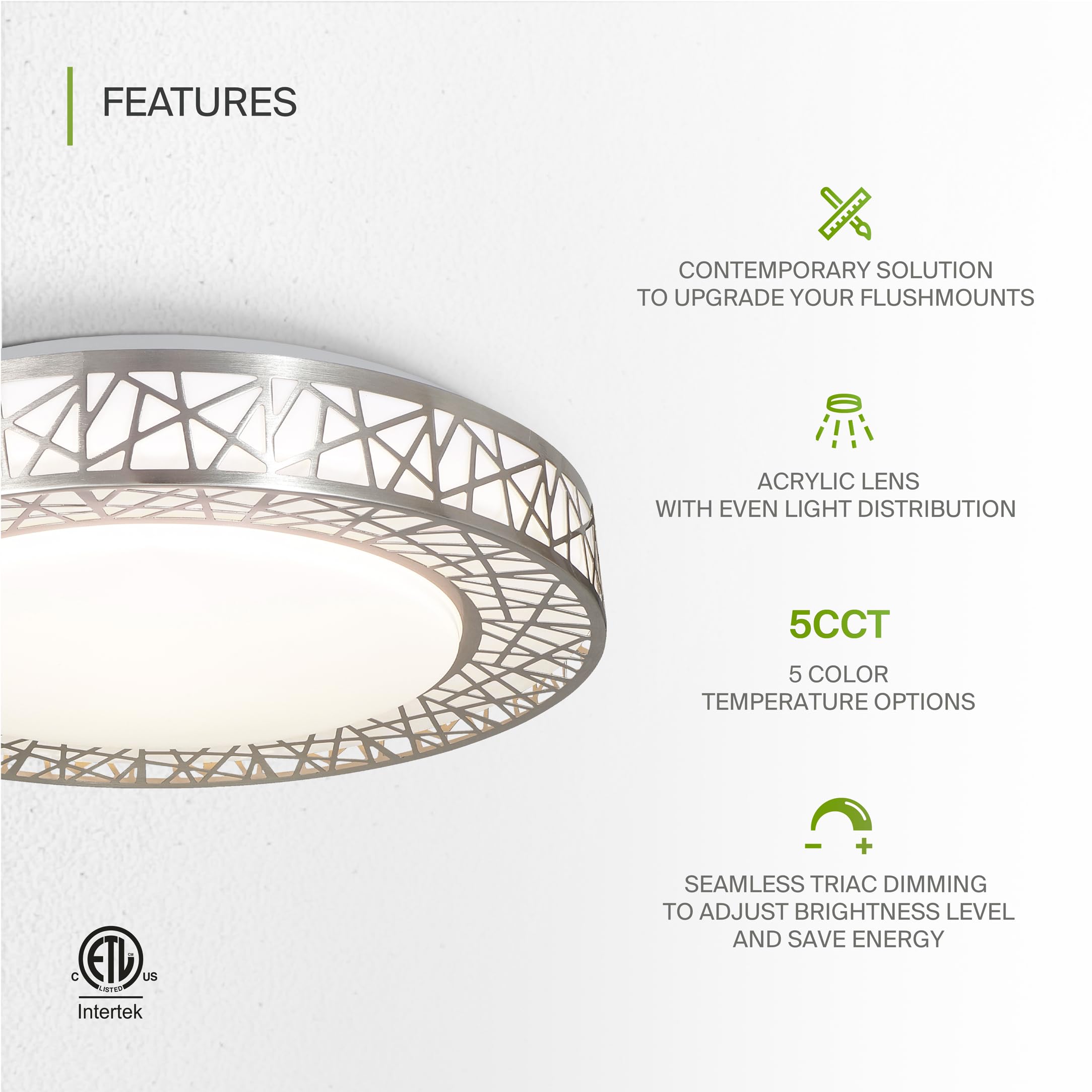 ASD 16 Inch LED Flush Mount Ceiling Light - 28W, 1752LM, Dimmable, Brushed Nickel, Model A-LOFT-FM-16D28NK