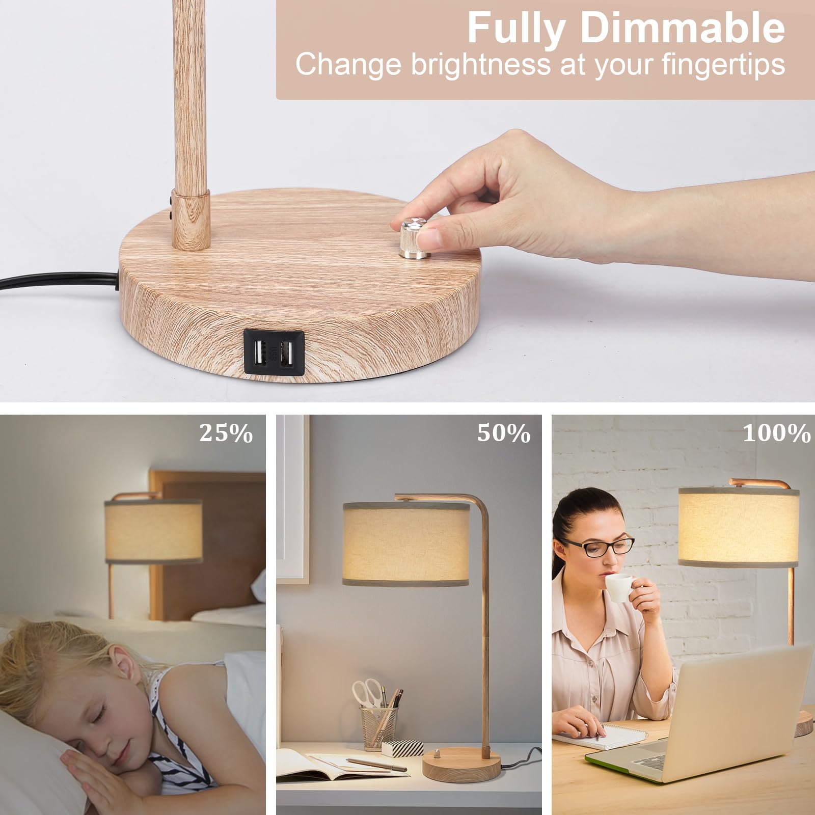 Farmhouse Table Lamp, Fully Dimmable Bedisde Lamp With Dual Usb Charging Ports, Modern Nightstand Lamp, Tall Table Lamp Desk Rea