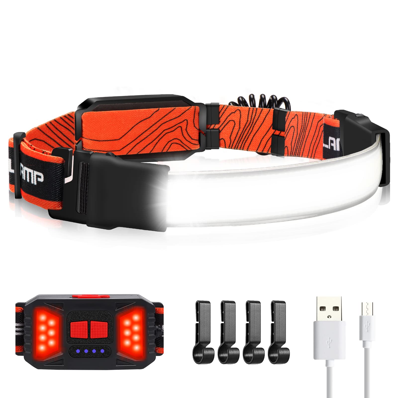 Adelante Led Headlamp Flashlight, 1000Lm 230?Wide-Beam Usb Rechargeable Head Light With Taillight(Individual Control) & 4 Clips
