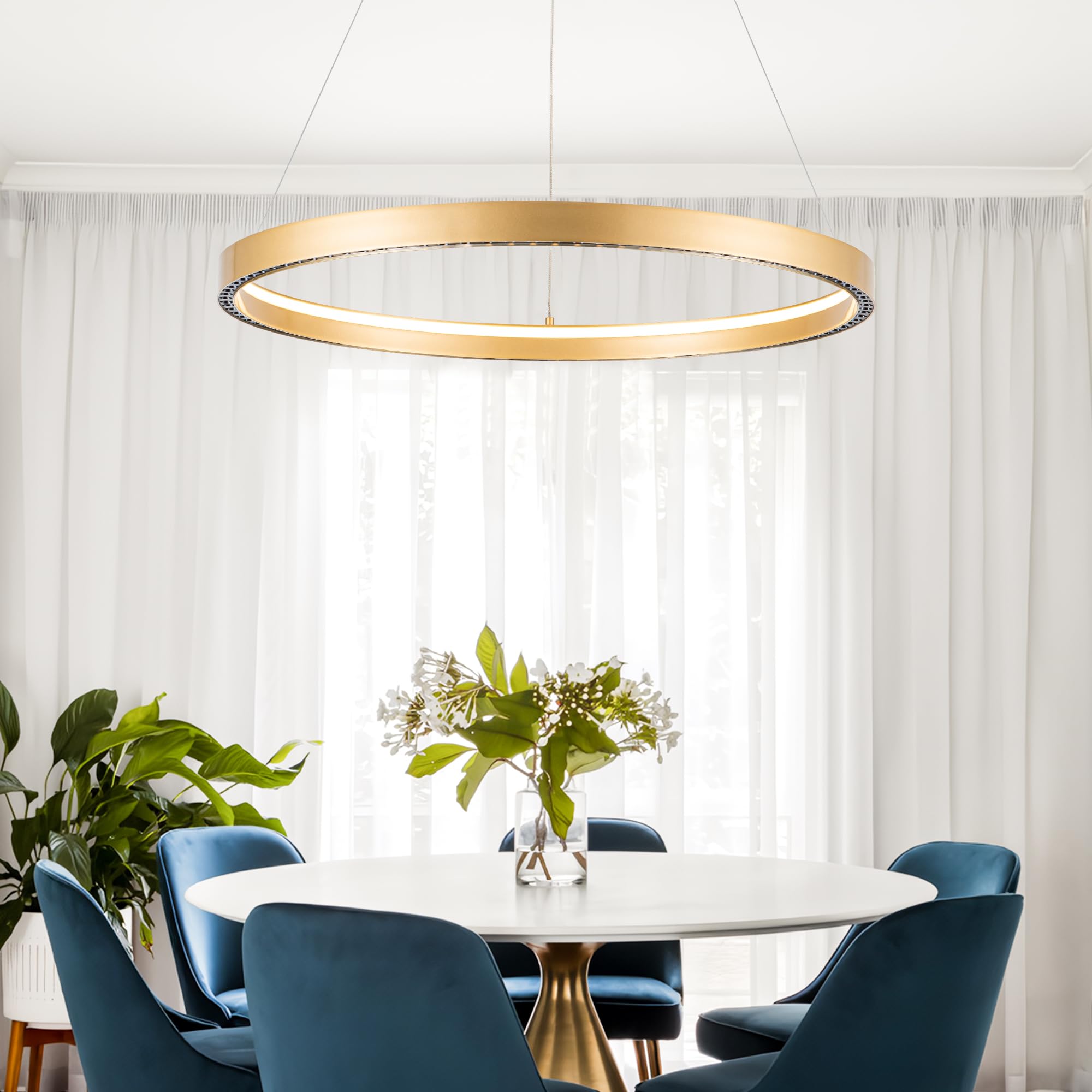 SUNMOO Modern Led Pendant Light, 1 Ring Dimmable Chandelier, 36W, Gold, Aluminum, 3000-6000K for Living Room, Dining Room, Kitchen Island