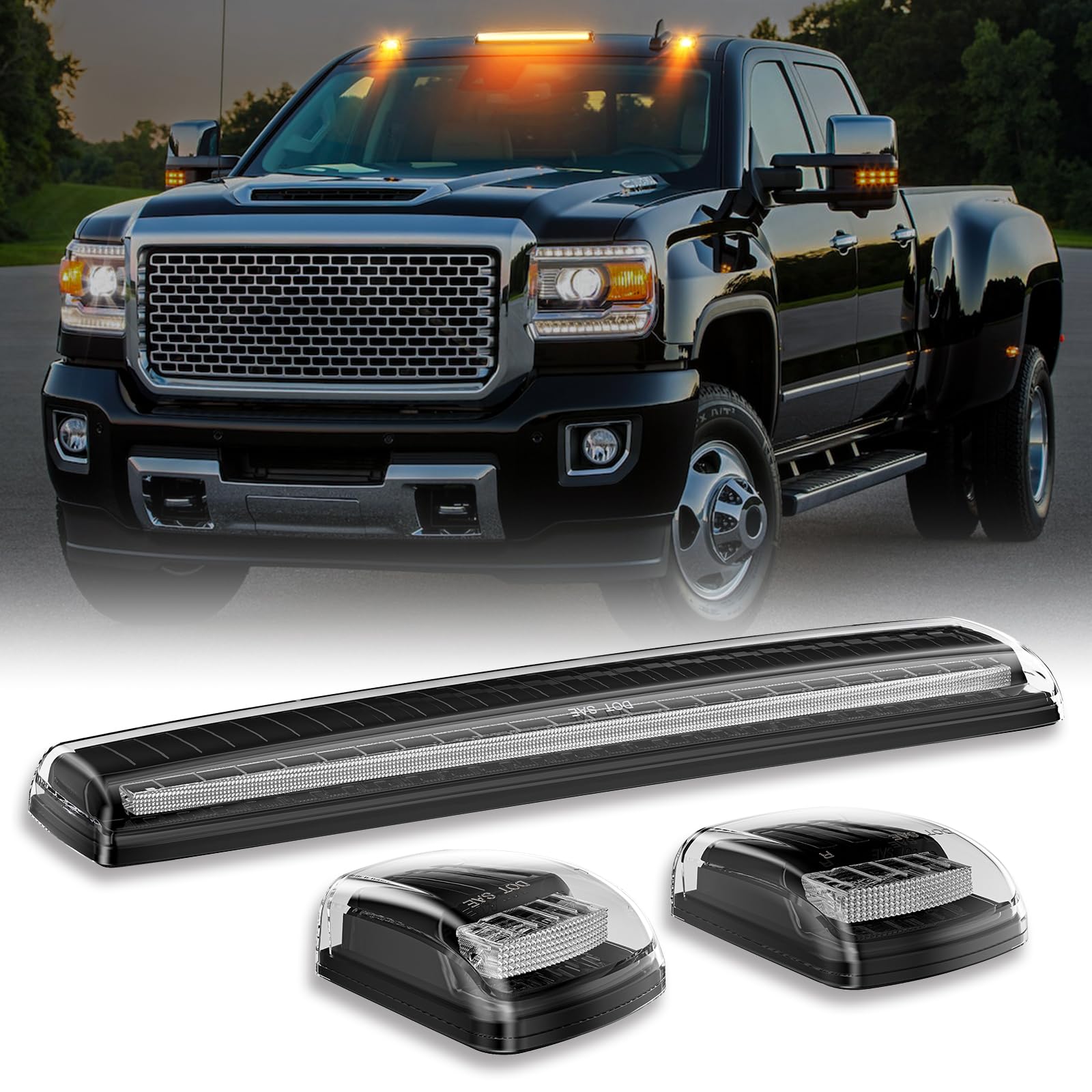 SHINEFIT 3PCS LED Cab Roof Lights Replacement for 2015-2019 Silverado Sierra 2500 3500 2500HD 3500HD Clear Amber Cab Clearance Lights for Silverado Sierra