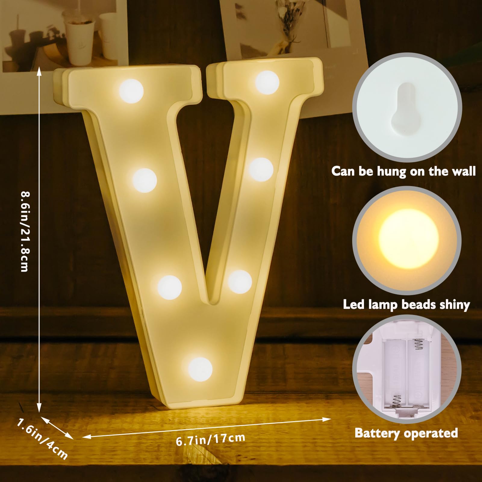 IFDGCTK Light Up Letters, LED Decorative Alphabet Letter V, Battery Powered, Warm Light, Plastic for Home Decor and Parties