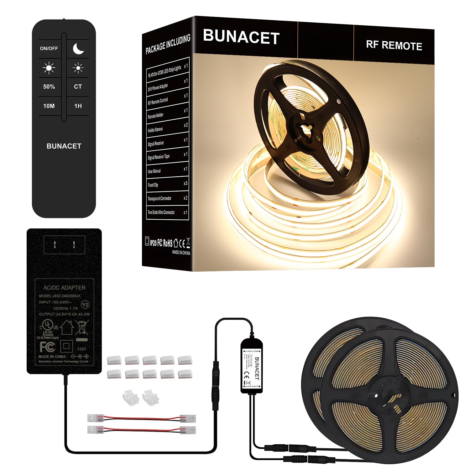 BUNACET COB LED Strip Lights 5760LEDs, 40FT 4000K Dimmable Daylight Bright LED Lights for Bedroom Counter Under Cabinet Kitchen