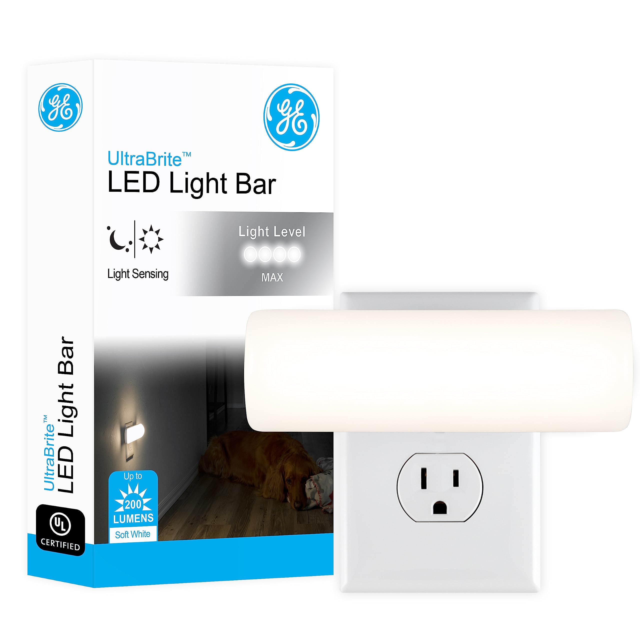 GE Ultrabrite LED Light Bar, 200 Lumens, 1 Pack, High/Low/Off Switch, Plug-in, Night Light, Ideal for Dark Spaces, Bedroom, Bath