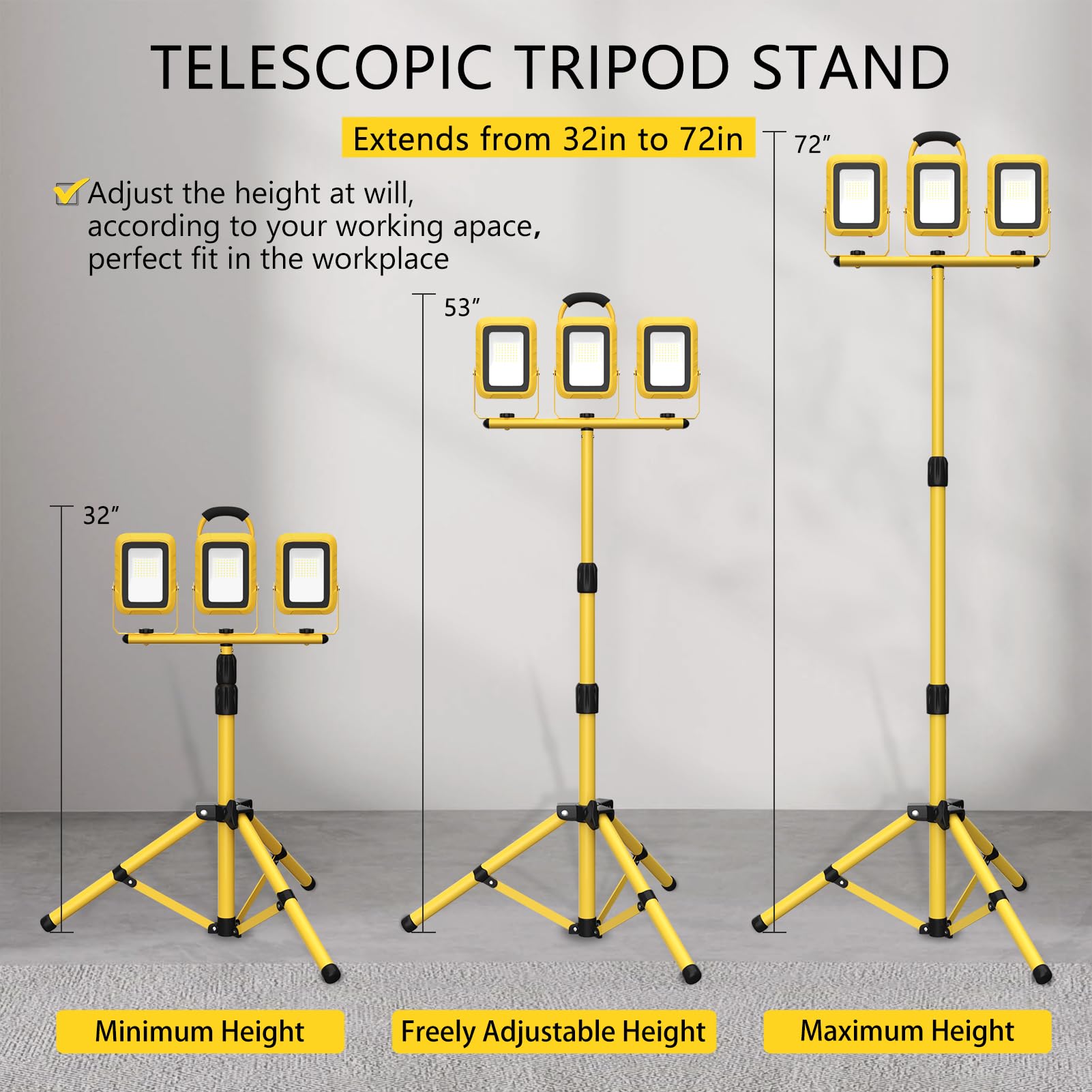21000 Lumens Work Lights With Stand, 3 Adjustable Head Led Work Light, Waterproof Portable Lights With Individual Switch, Led Flood Light With 72 Inch Adjustable Metal Telescoping Tripod