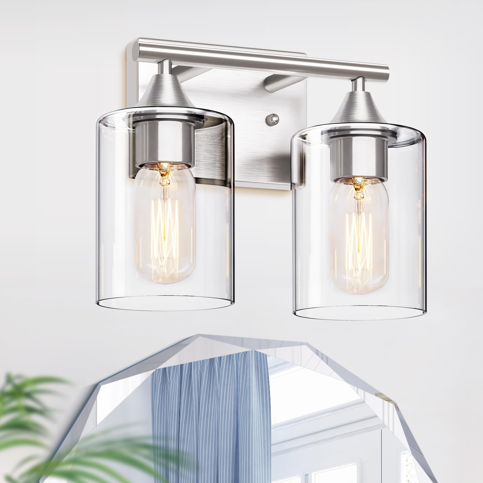 XPEHK Bathroom Vanity Light Fixture, 2-Light Modern Brushed Nickel Over Mirror, Glass and Metal Construction