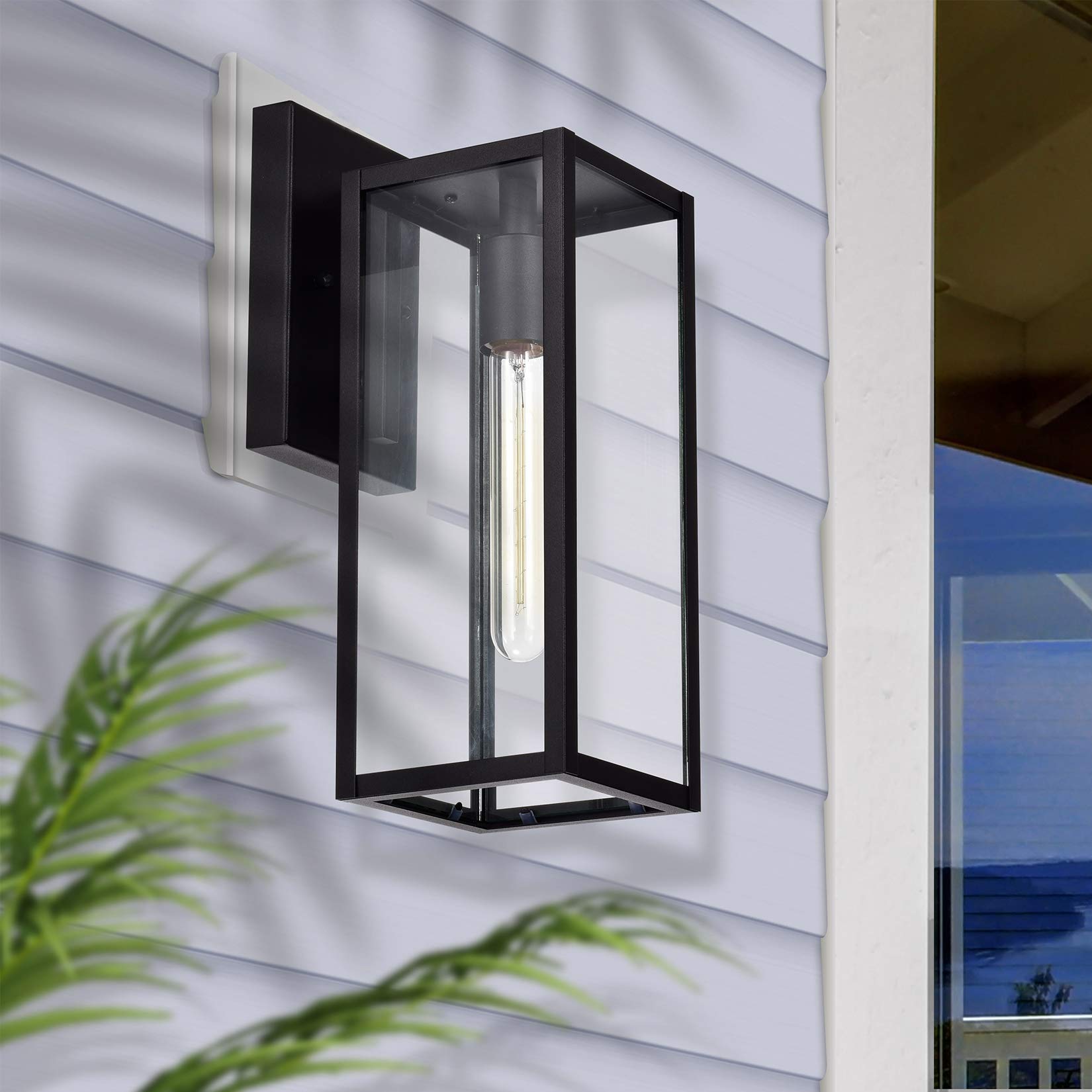 MICSIU Black Outdoor Wall Light Fixture, 2 Pack, Modern Clear Glass Sconce, E26 Base, 13.75 Inch, Metal, Model 20001