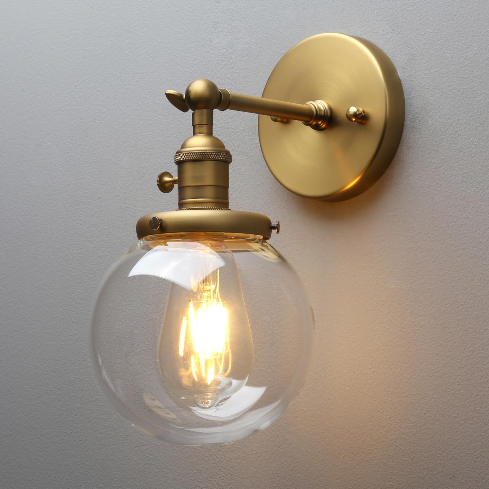 Permo Vintage Wall Sconce Industrial Lighting Fixture With 5.9 Round Clear Glass Globe Hand Blown Shade (Antique)