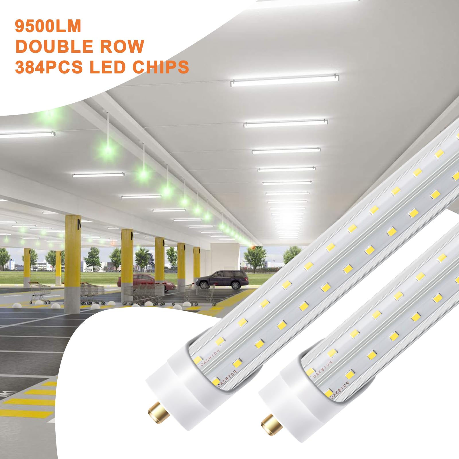 ONLYLUX 8ft LED Shop Light Bulbs, 72W 6000K, 10000lm, V Shape FA8, Pack of 12, Clear Cover