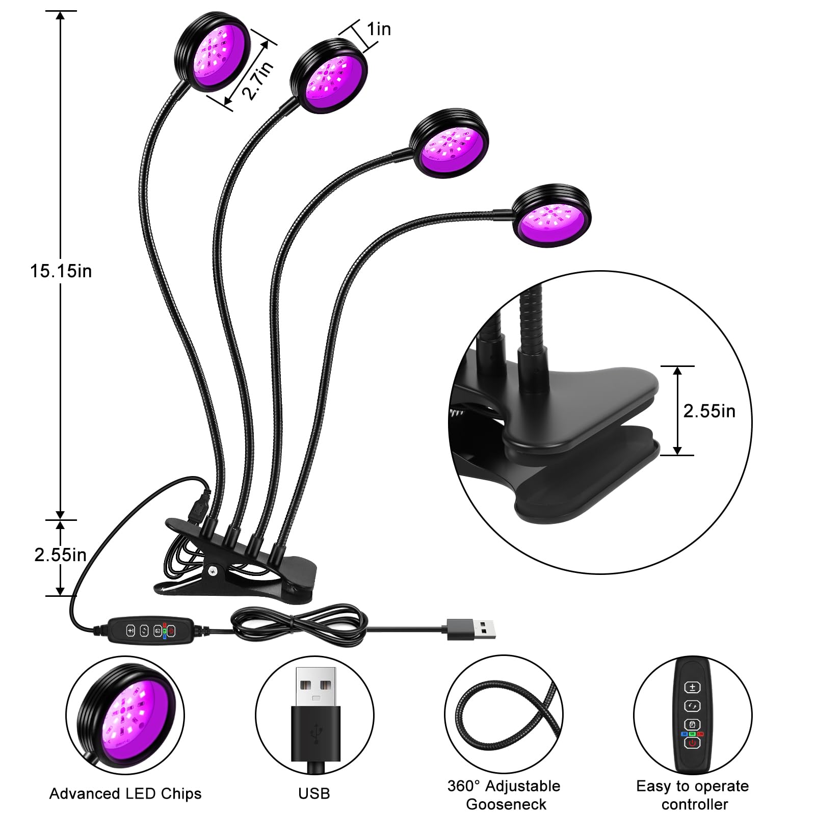 YGS-Tech LED Black Light Dual Head UV Lamp, 15W, USB Powered, 395-405nm, for Blacklight Parties, Stage Lighting, Glow in the Dark