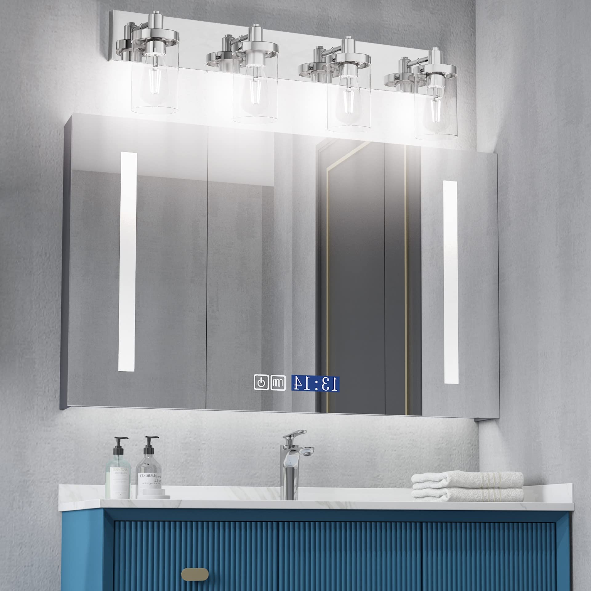 Aipsun Bathroom Vanity Light 4-Light Chrome Aluminum Fixtures with Clear Glass Shade Model 1136