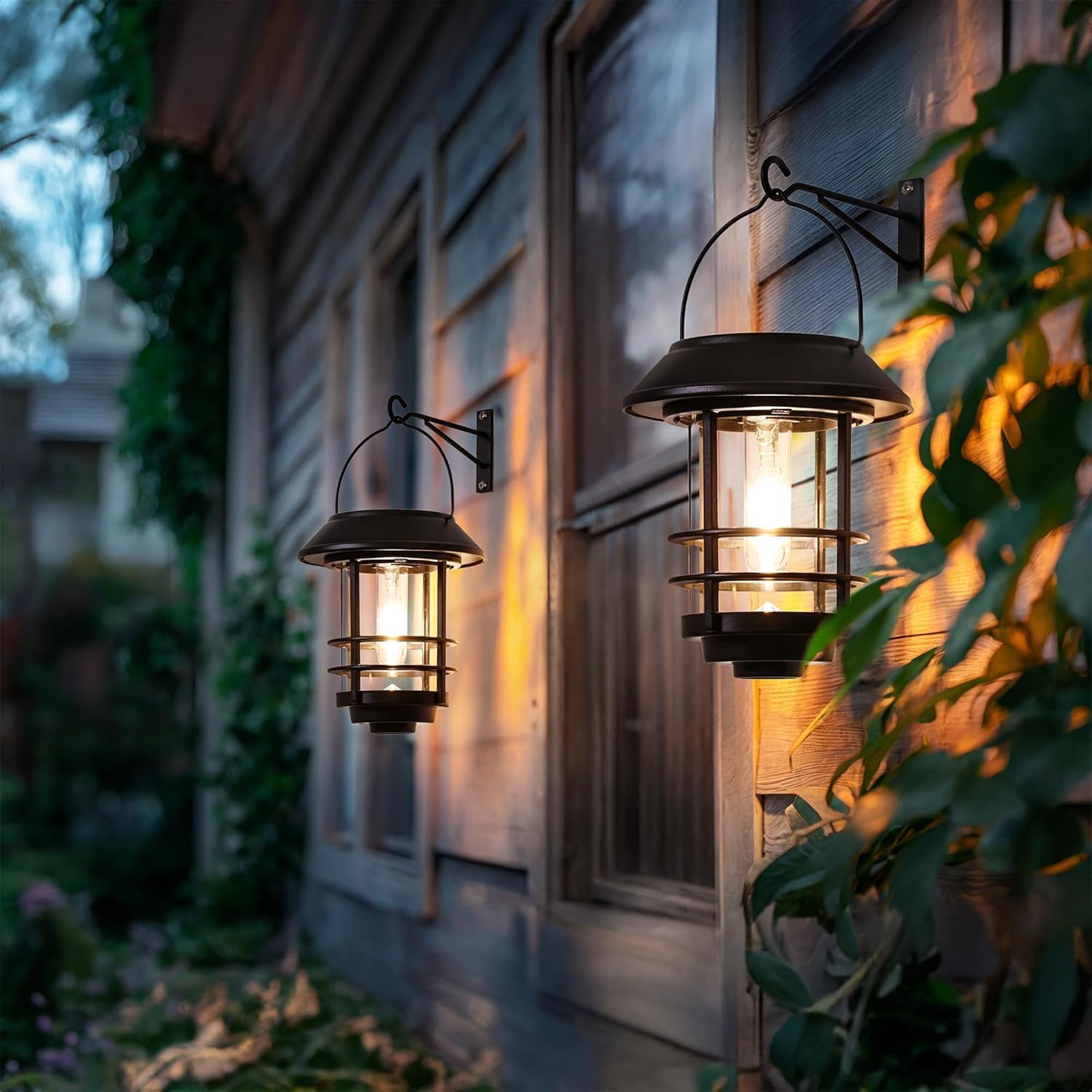 Otdair Solar Lanterns Outdoor 2 Pack, Waterproof Auto On/Off, Hanging Lights for Wall, Porch, Yard, Garden, Classic Black