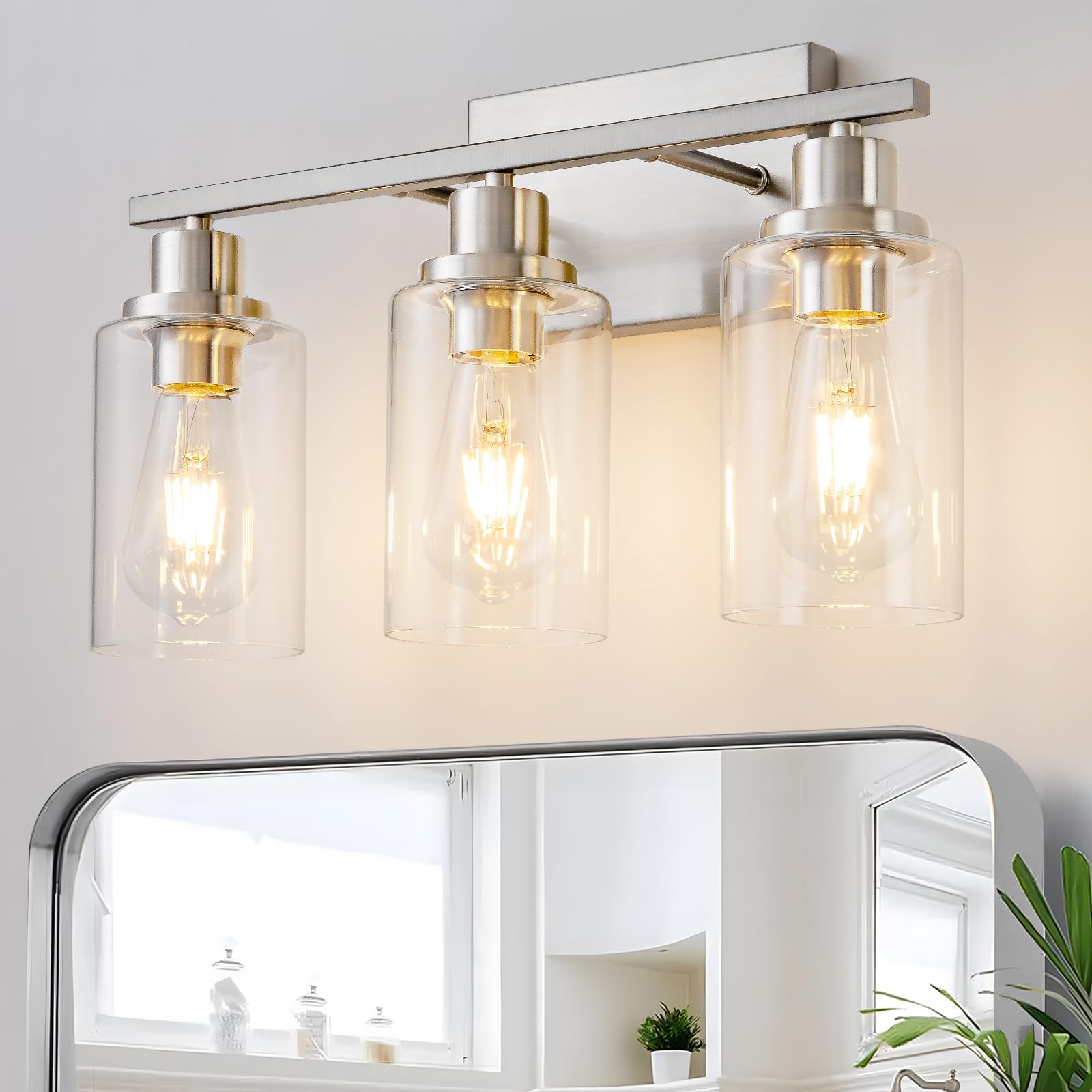 HCCZ 3 Light Bathroom Light Fixtures Brushed Nickel Vanity Light Over Mirror Modern Farmhouse Glass Shade Sconces Model 800-100-1076