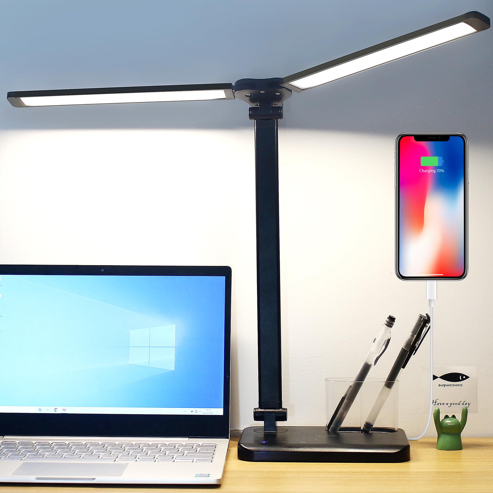 Woputne Dual Head Led Desk Lamp - 5 Colors, 10 Brightness Levels, Black - Ideal For Home Office