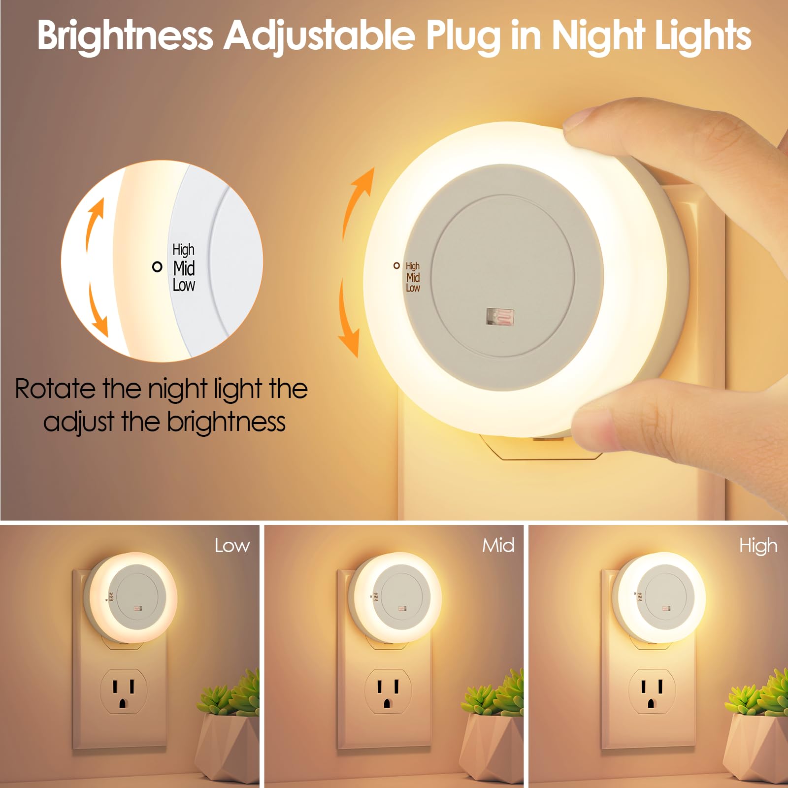 Folksmate Led Night Lights Plug In, Dimmable Nightlight Plug Into Wall With Light Sensor, Soft White Adjustable For Adults, Bedr