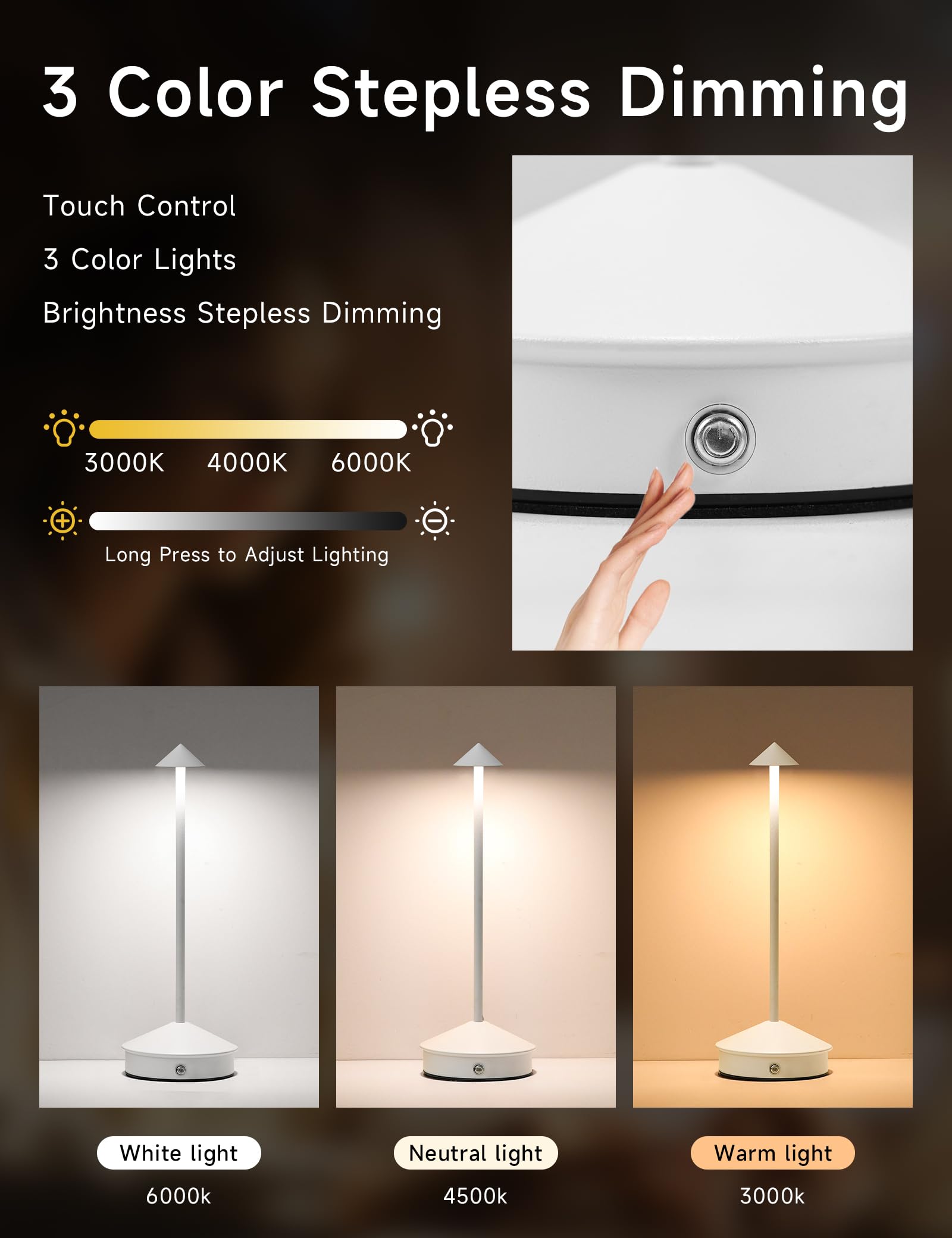 KROPTIB LED Rechargeable Table Lamps, Portable Touch Dimmable, Waterproof, Set of 2, White, Model ttl-jj-wh-2-n
