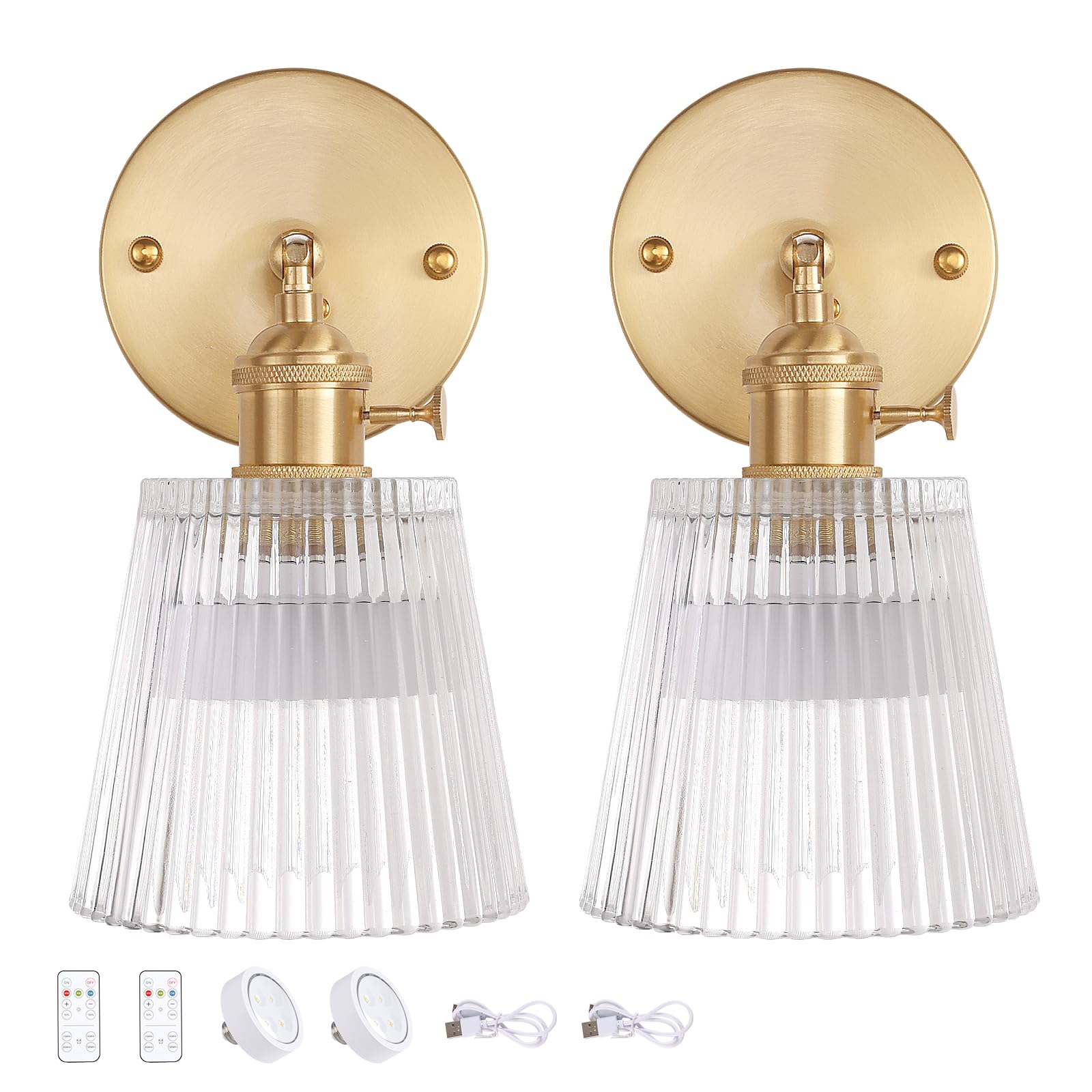 Shenmoyl Vintage Wall Sconce - Battery Operated, Remote Control, Glass Lampshade, Set of 2, Stripe Clear, Model 1-9330