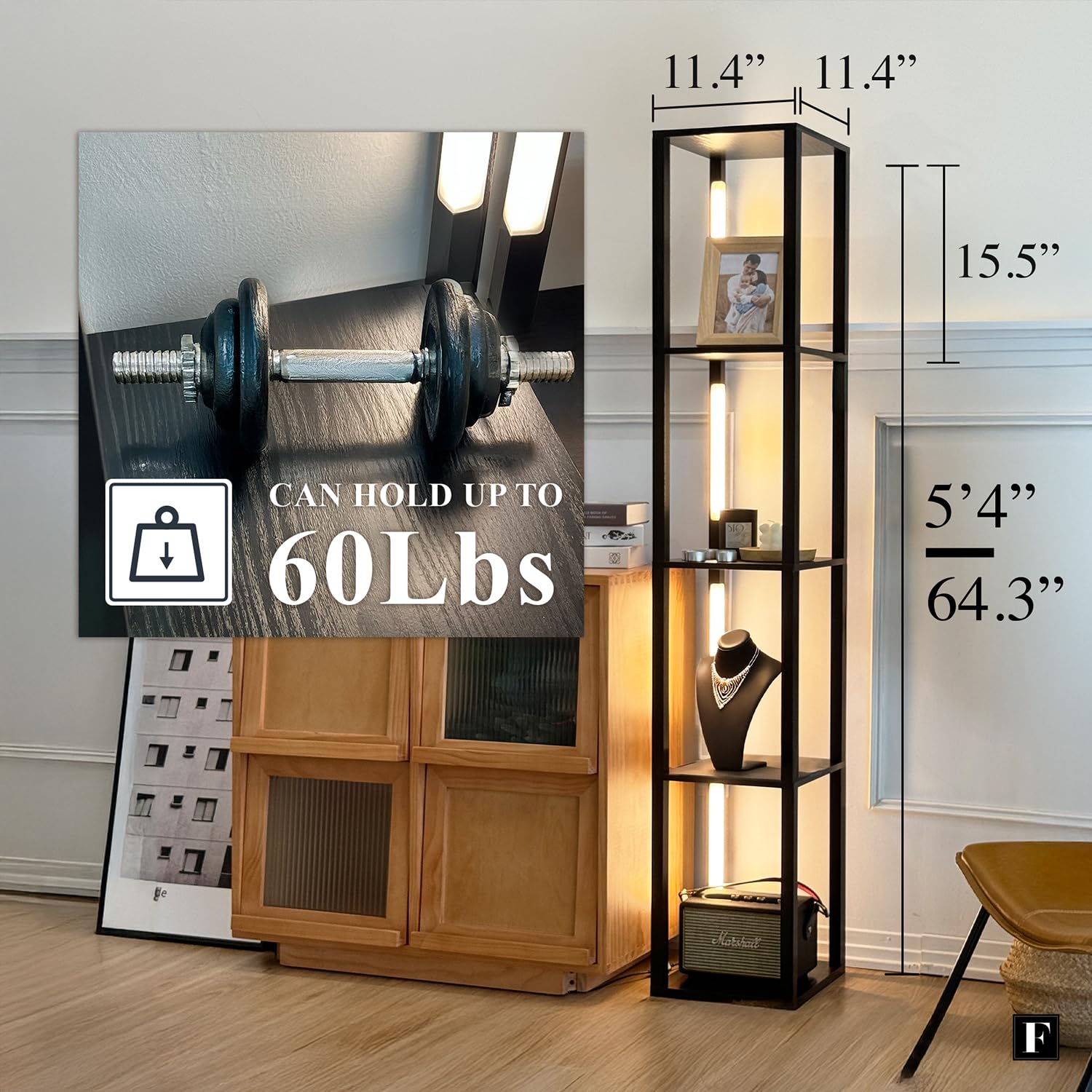 FENLO LED Floor Lamp with Adjustable Brightness, Full Color Control, Engineered Wood, Black, Model FEN-101, Fancy Design