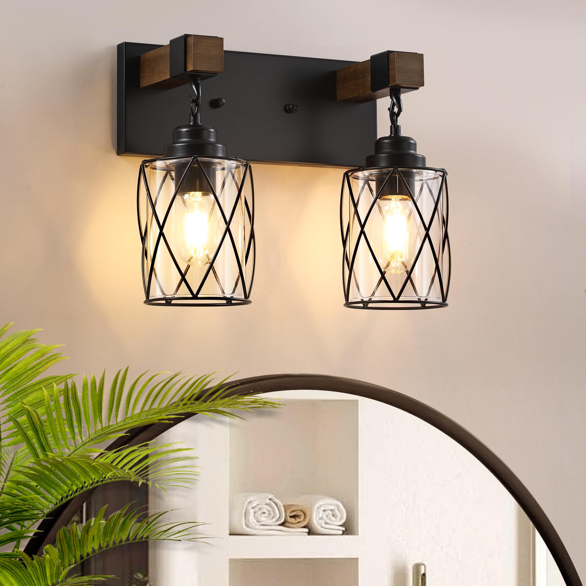 Farmhouse Bathroom Light Fixtures  2 Light Bathroom Vanity Light with Metal and Glass Lampshade  Wood Rustic Lighting Fixtures Over Mirror  Black Wall Sconces for Living Room  Bedroom