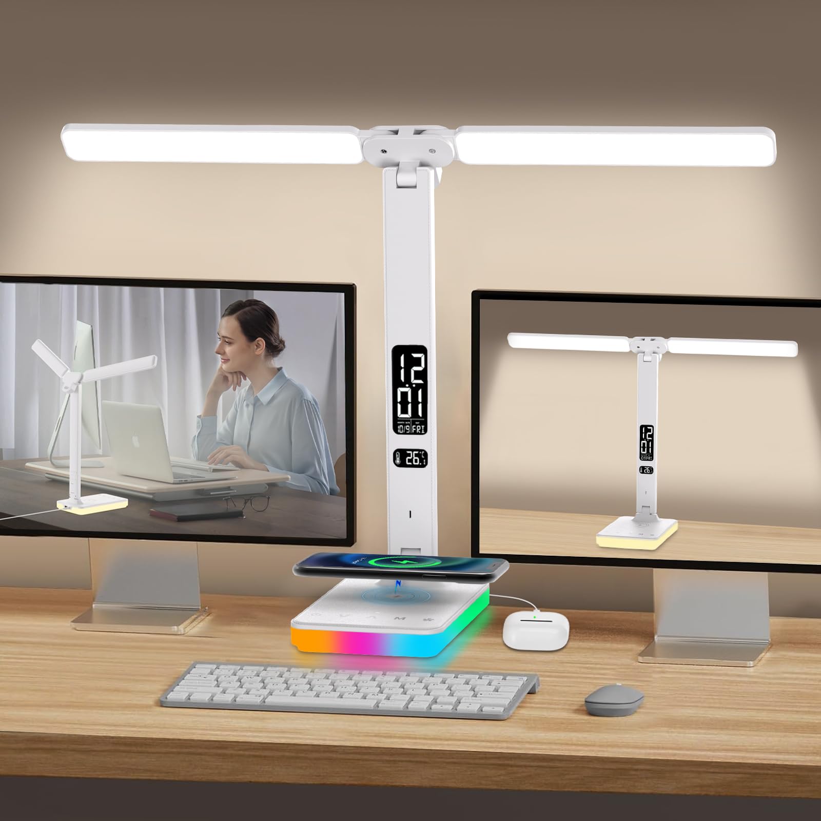 oviouit LED Desk Lamp with Charger, USB Charging Port, Dual Swing Arm Desk Light with 5 Brightness, 3 Colors, Table Lamp with Cl