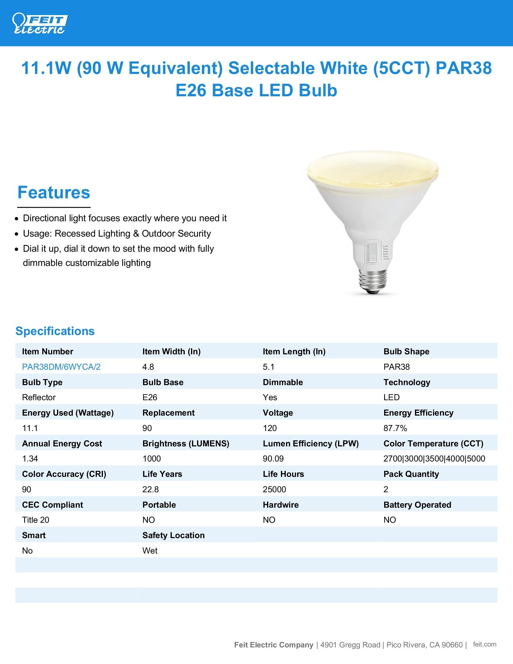 Feit Electric PAR38 LED Light Bulb, 90W Equivalent, Dimmable, Color Selectable, E26 Base, 1000 Lumens, 2 Pack