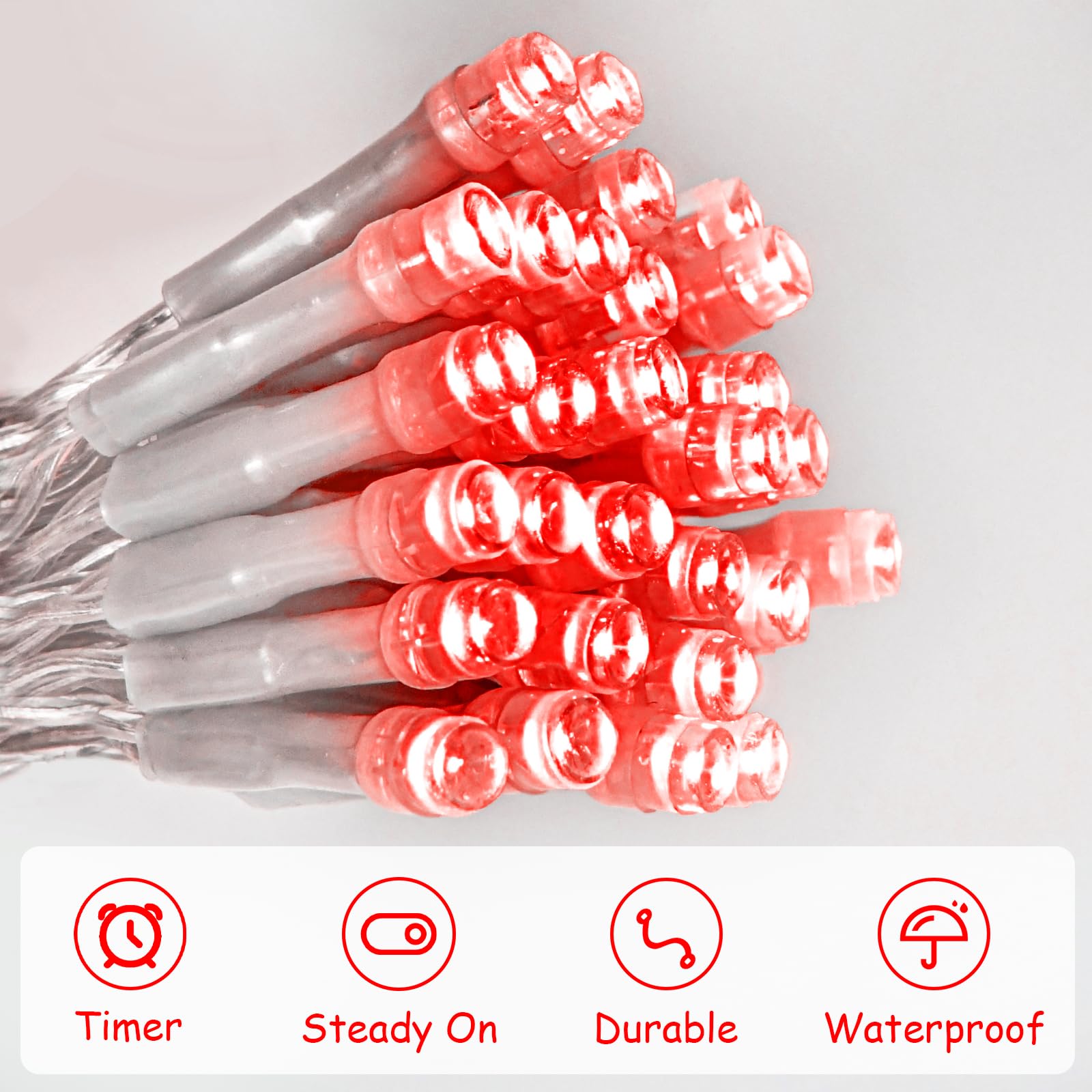 String Lights Outdoor Waterproof 9.8Ft 30 Led, Red Fairy Lights Battery Operated With Timer Clear Wire For Indoor & Outdoor Chri